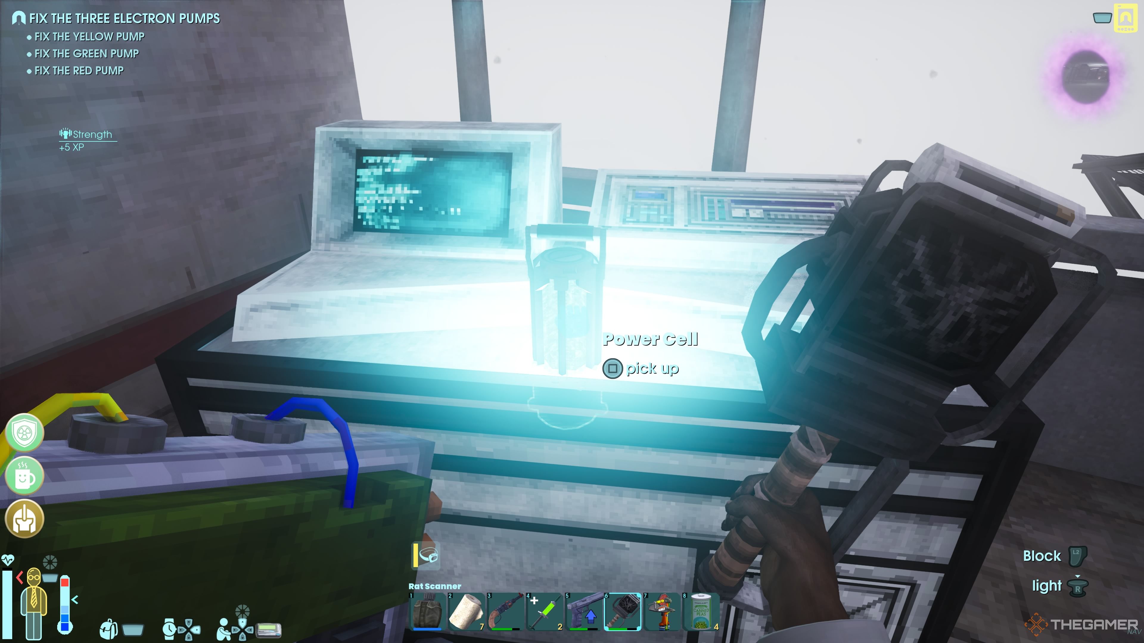 Player character standing next to a station in Flathill with a Power Cell inserted into it in Abiotic Factor.