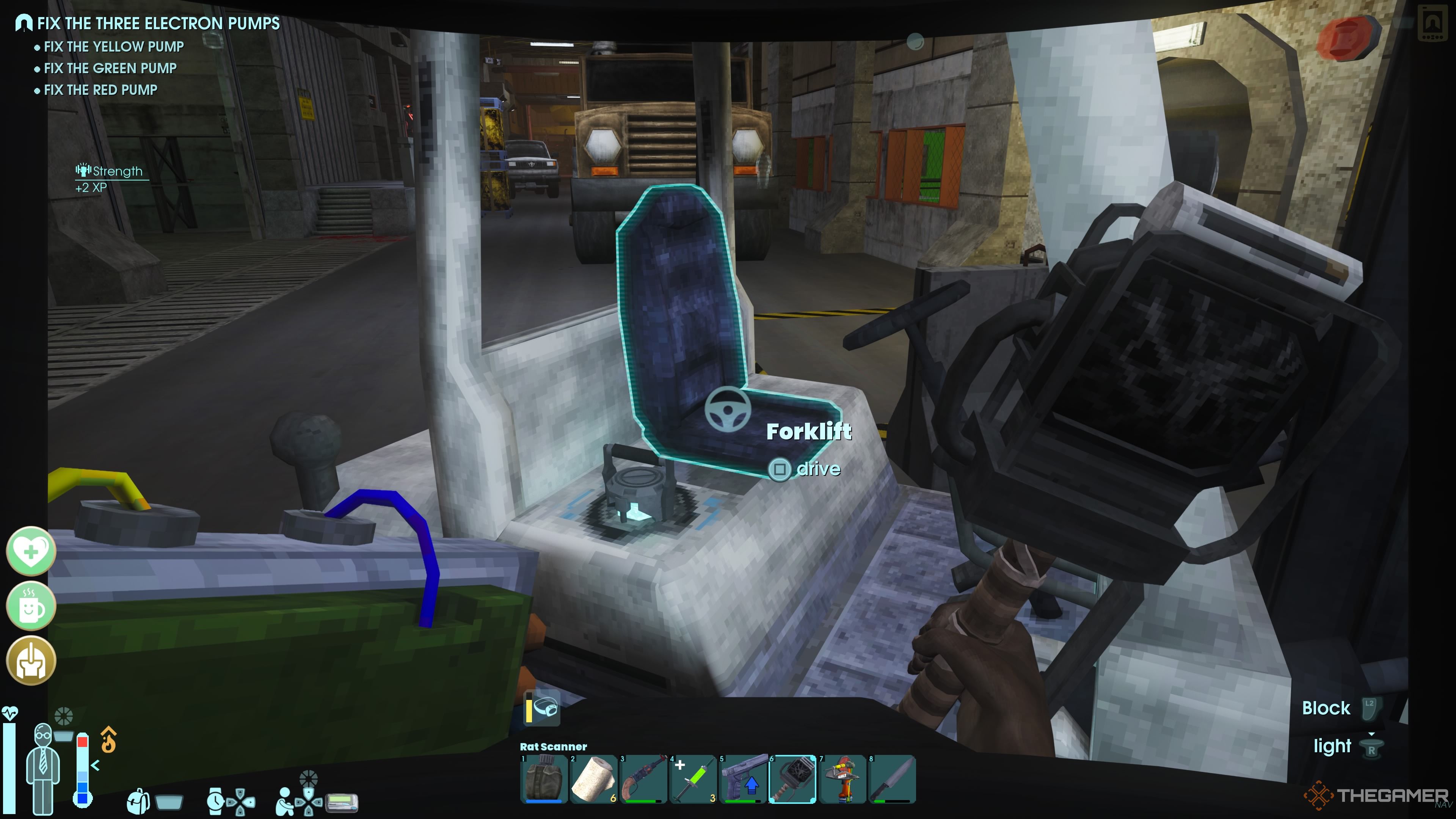 Player character about to drive a Forklift that's been repaired and powered with a Power Cell in Abiotic Factor.