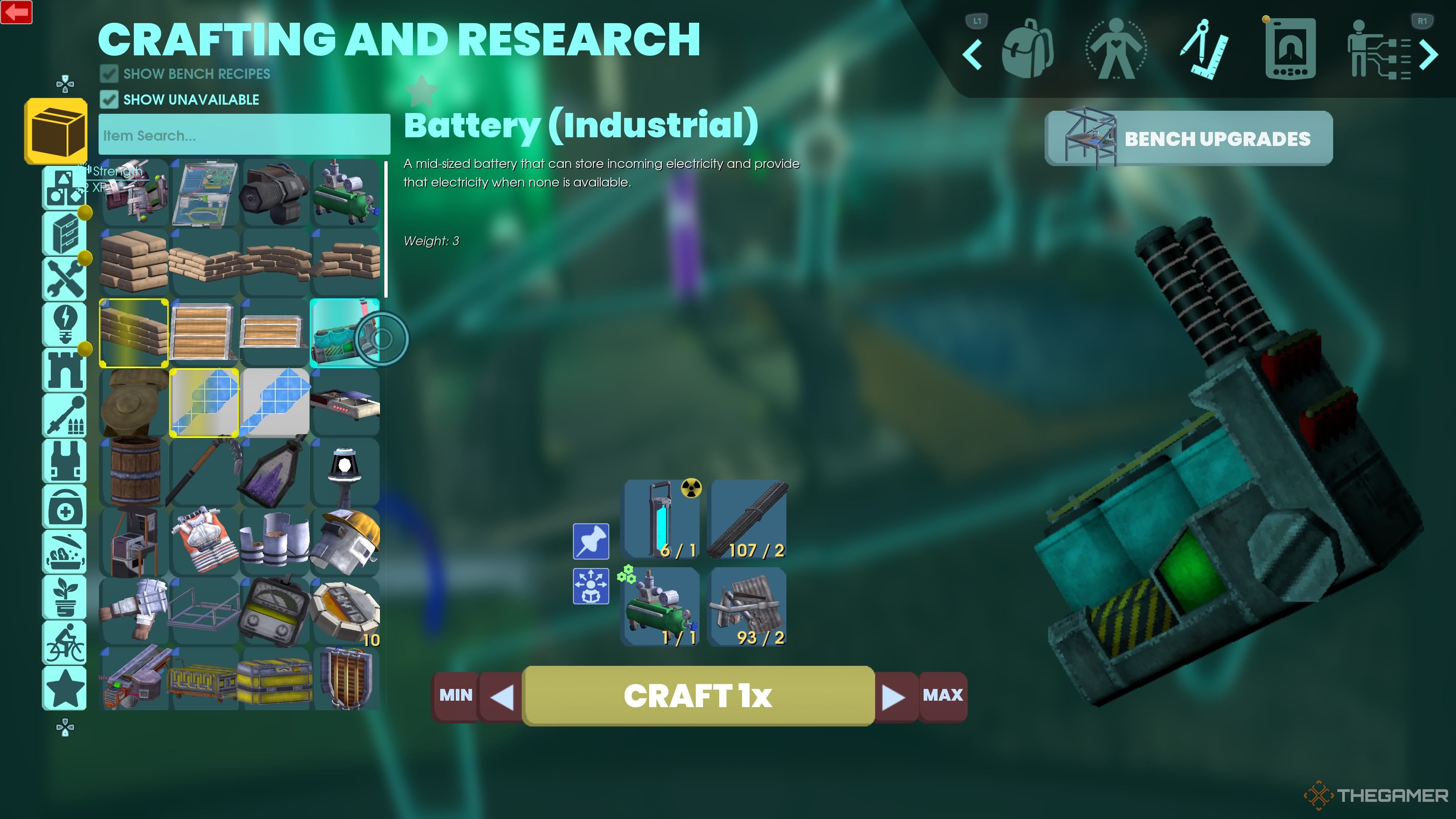 Crafting menu recipe showing the four components, including a Power Cell, to make an Industrial Battery in Abiotic Factor.