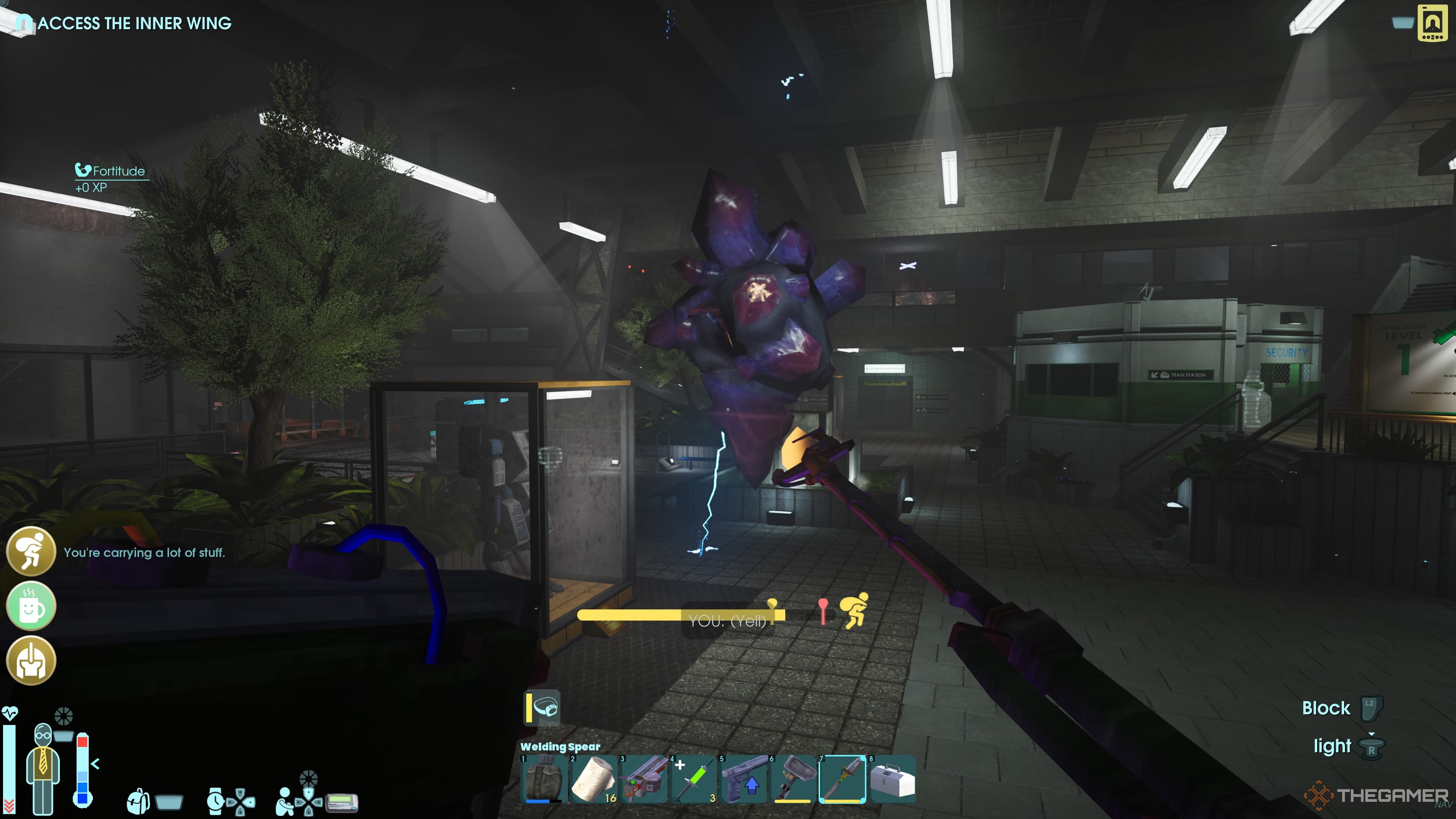 Player character staring up at a Giant Power Leech in the Office Sector in Abiotic Factor.
