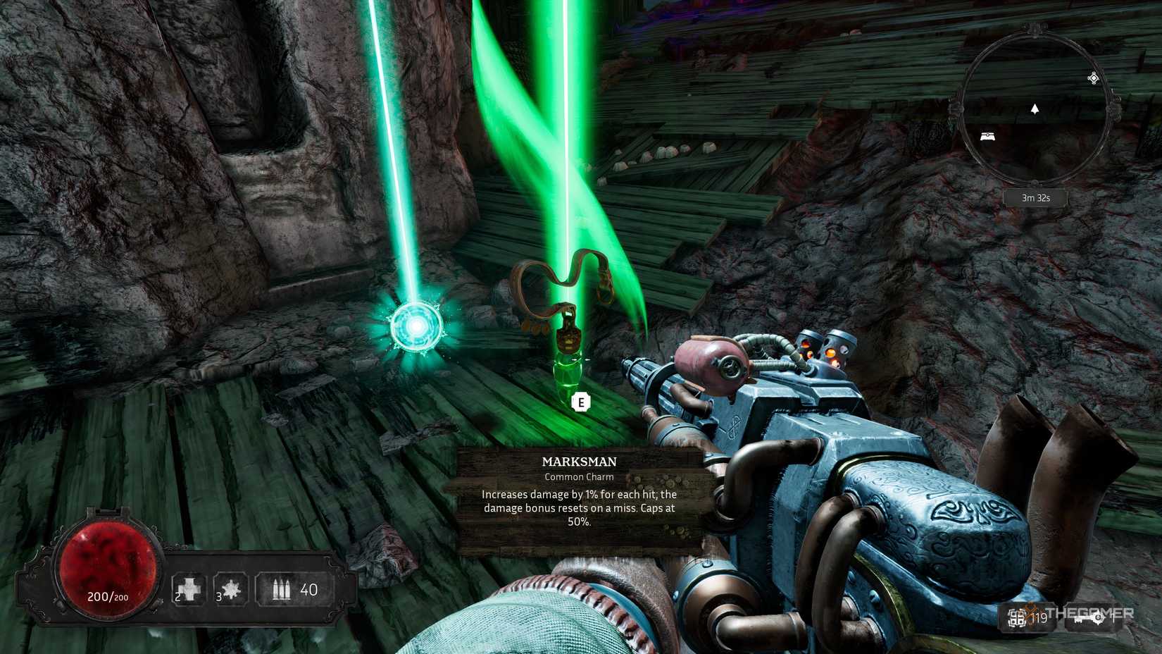 A player picking up the Marksman charm in Abyssus.