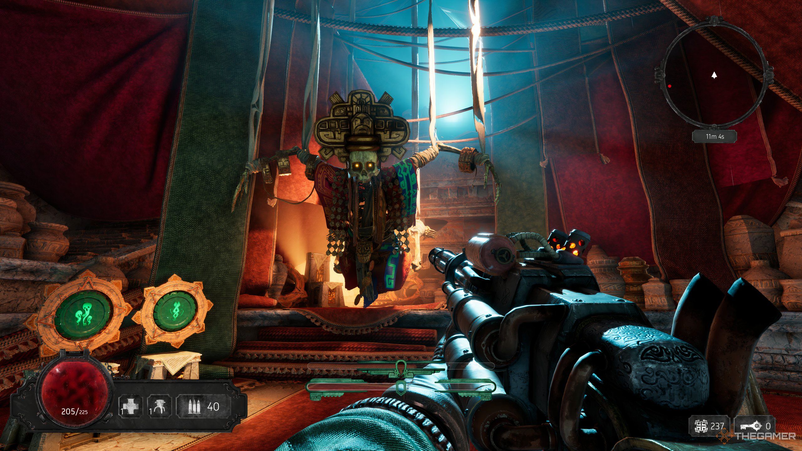 A player in the shop in Abyssus wielding an Engine Rifle.