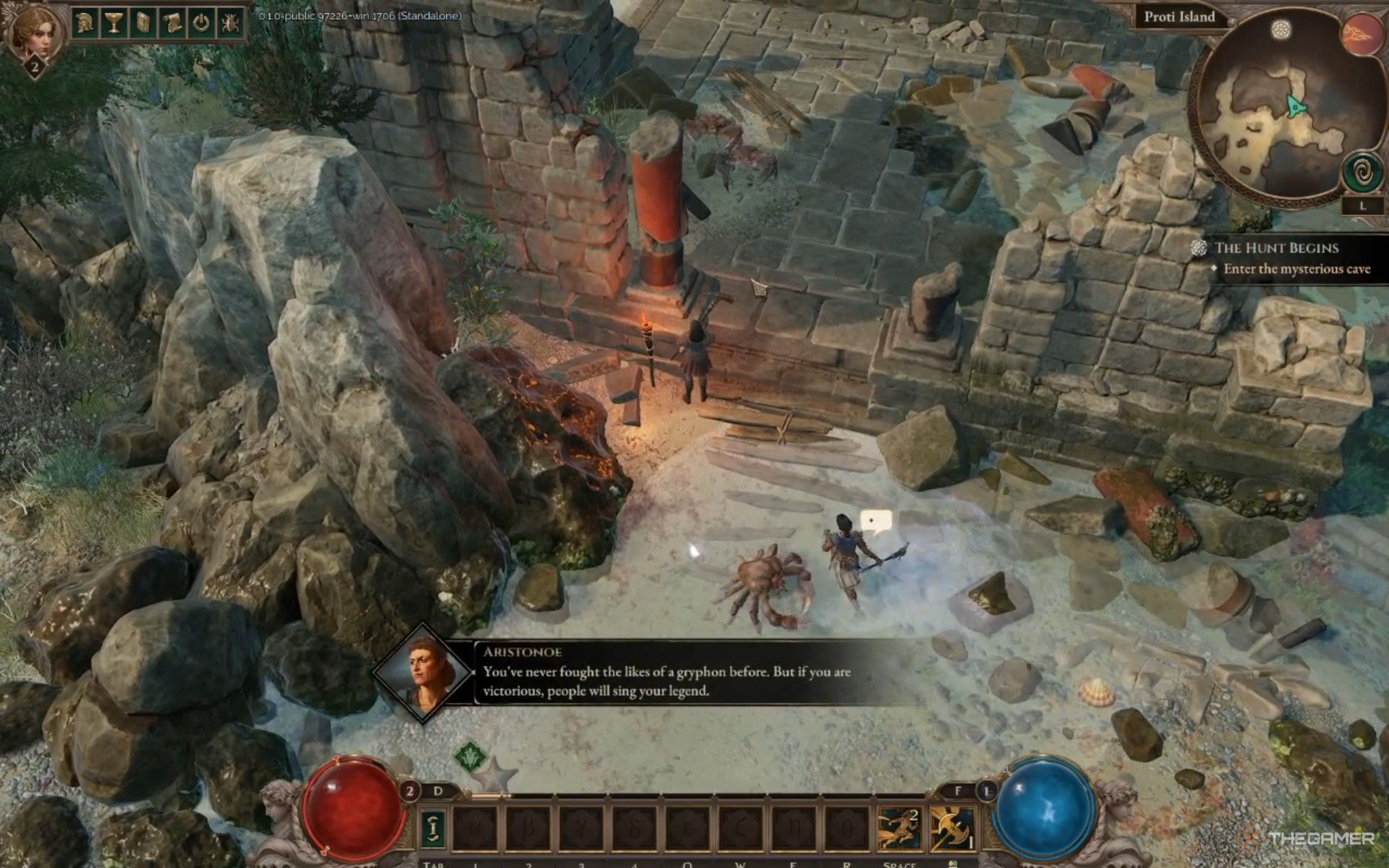 Aristonoe telling you killing a Gryphon would be legendary in Titan Quest 2.