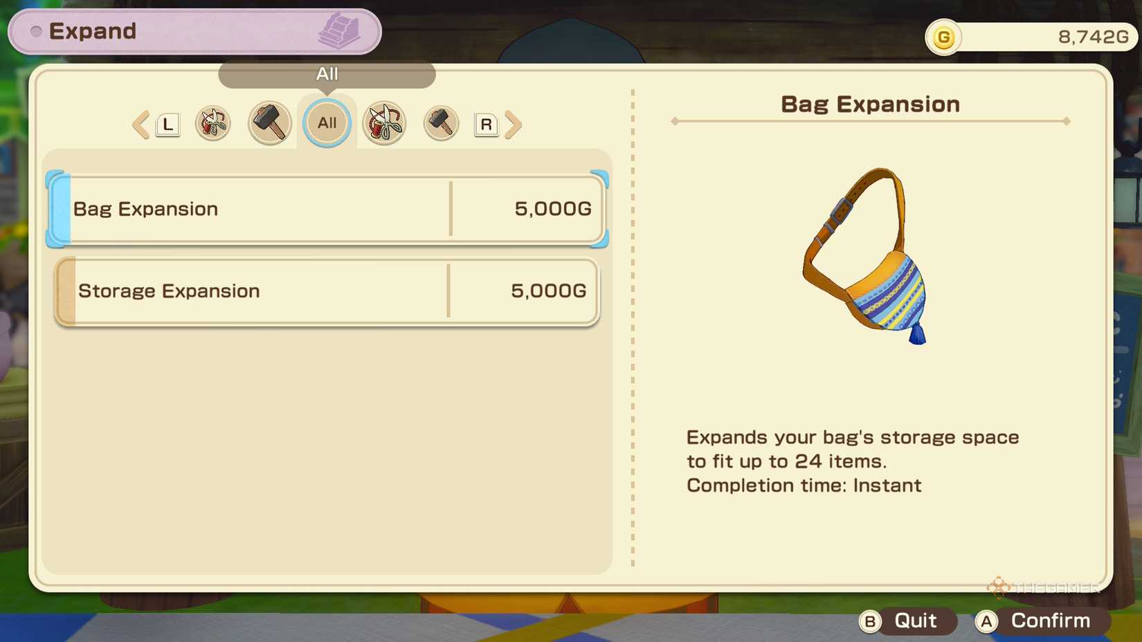 Bag storage expansion price in Story of Seasons Grand Bazaar.