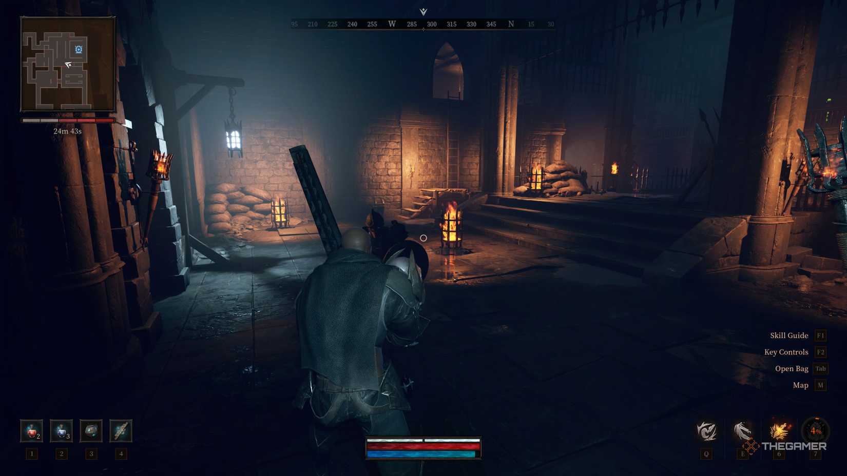 Baran fighting a skeletal warrior in a gritty dungeon with a greatsword.