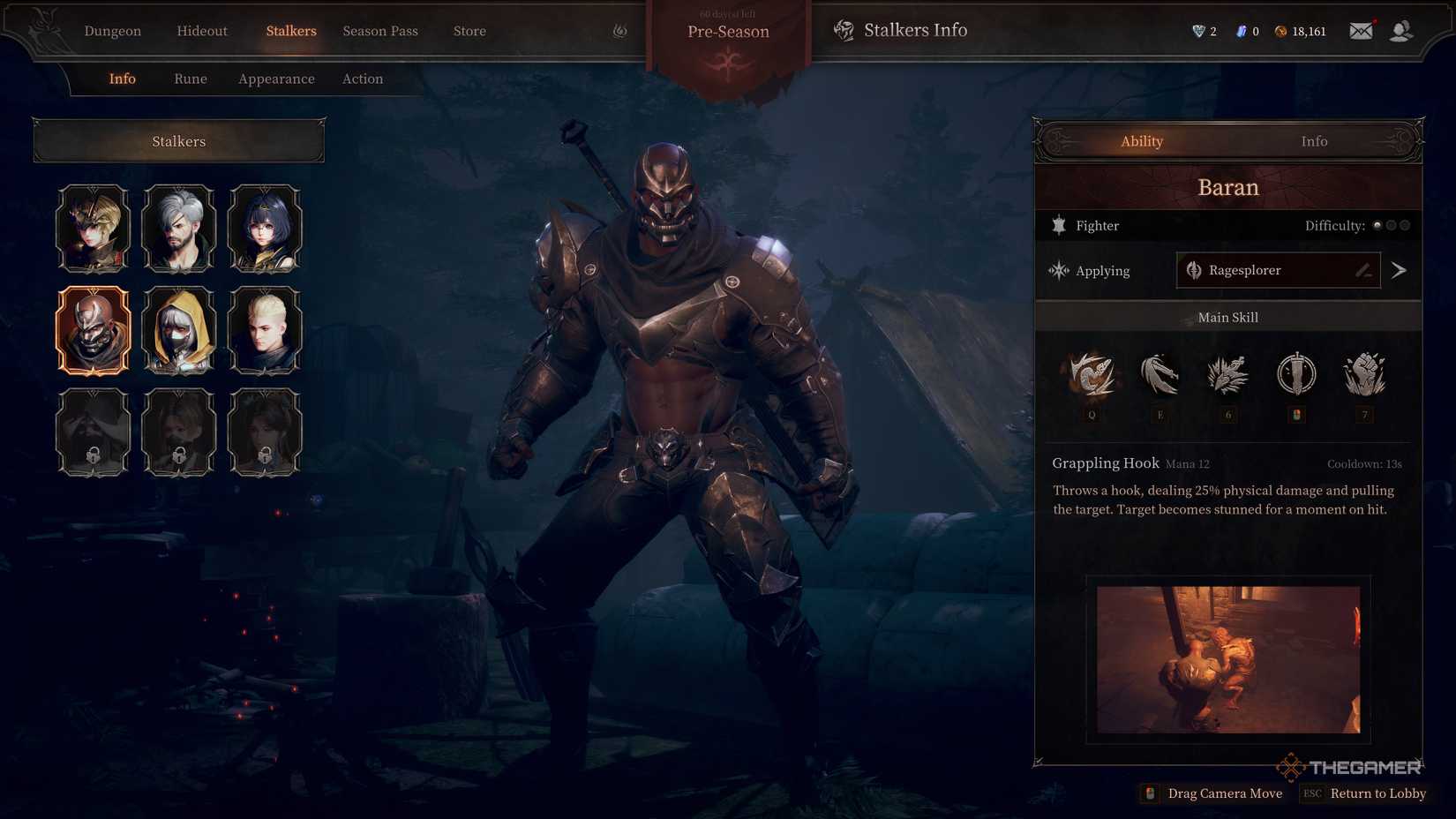 Baran's skill page on the right, showcasing his Grappling Hook Skill.