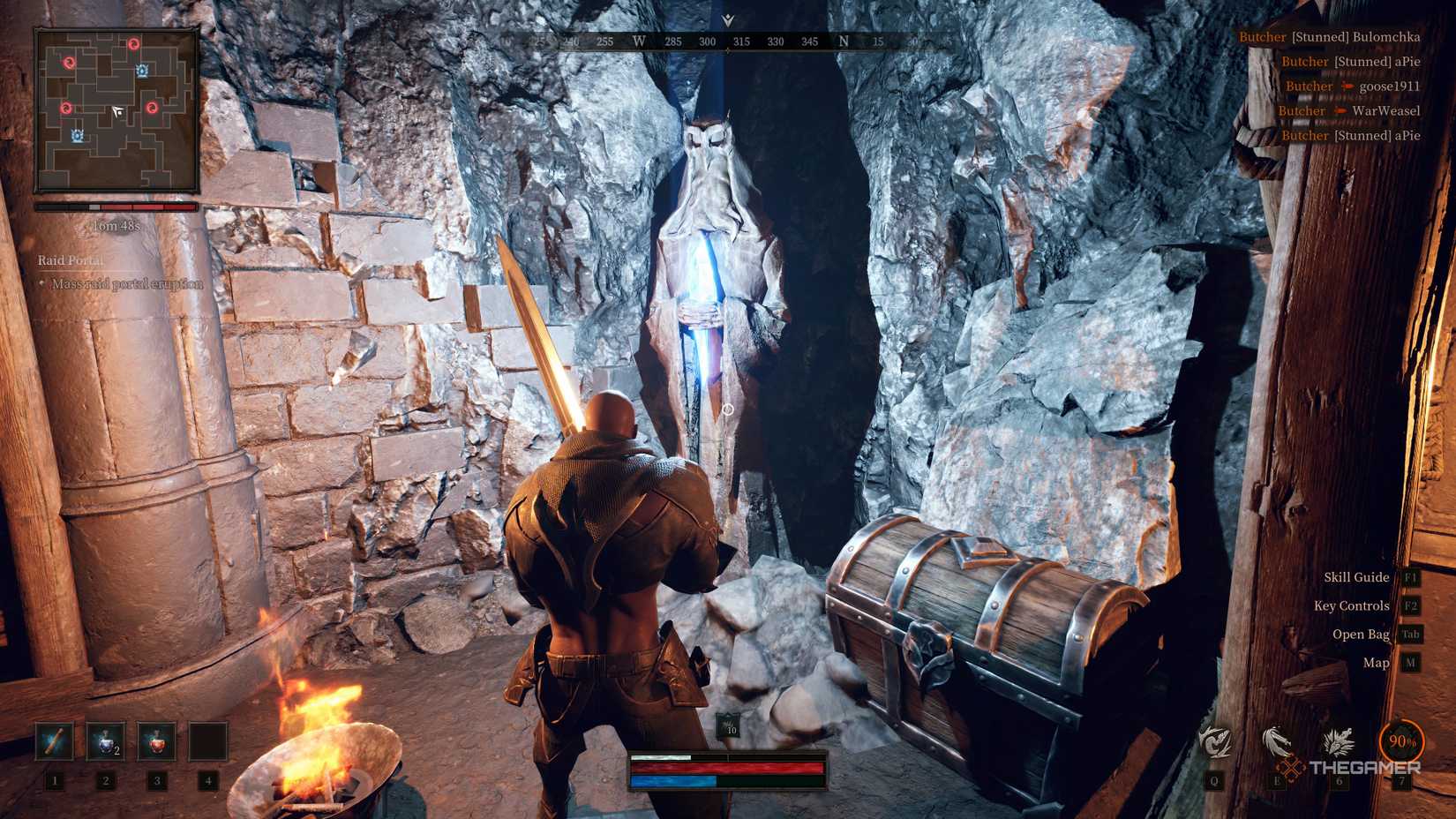 Baran standing before a statue holding a blue crystal that will heal the player.