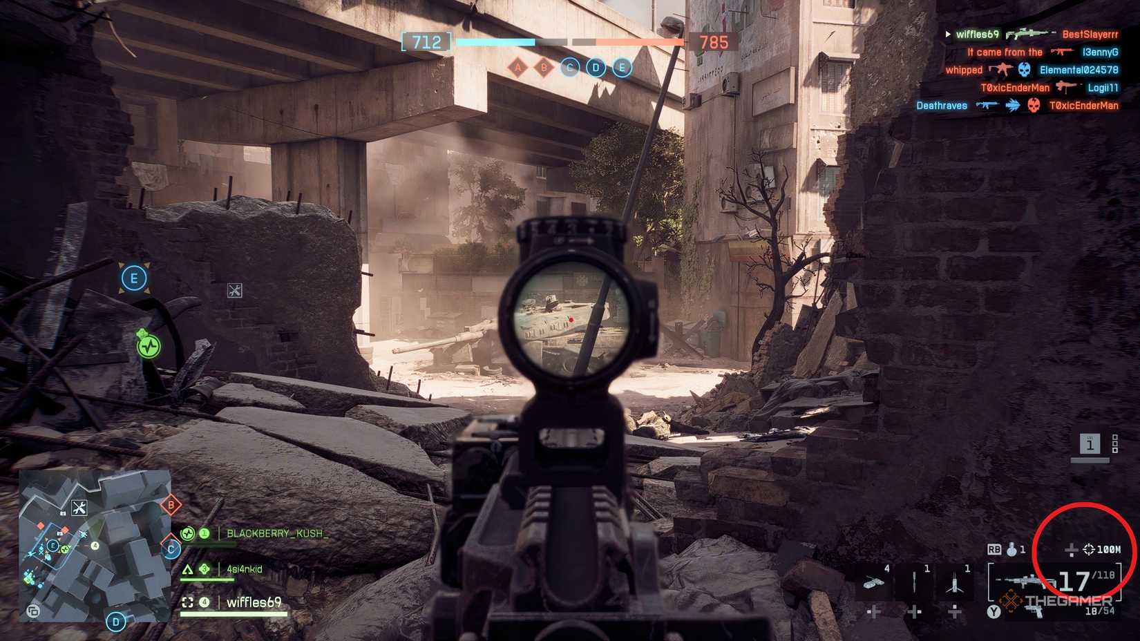 The player in a match using ADS with the Rangefinder showing its at 100m on the bottom right corner in Battlefield 6.