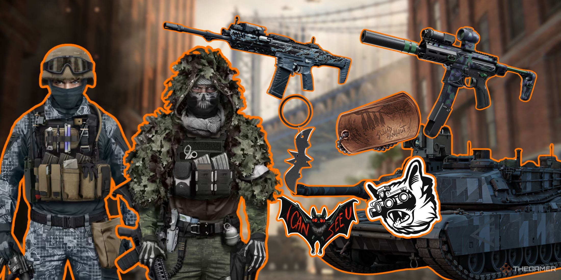 Battlefield 6 Rewards collage in front of a blurred map backdrop.