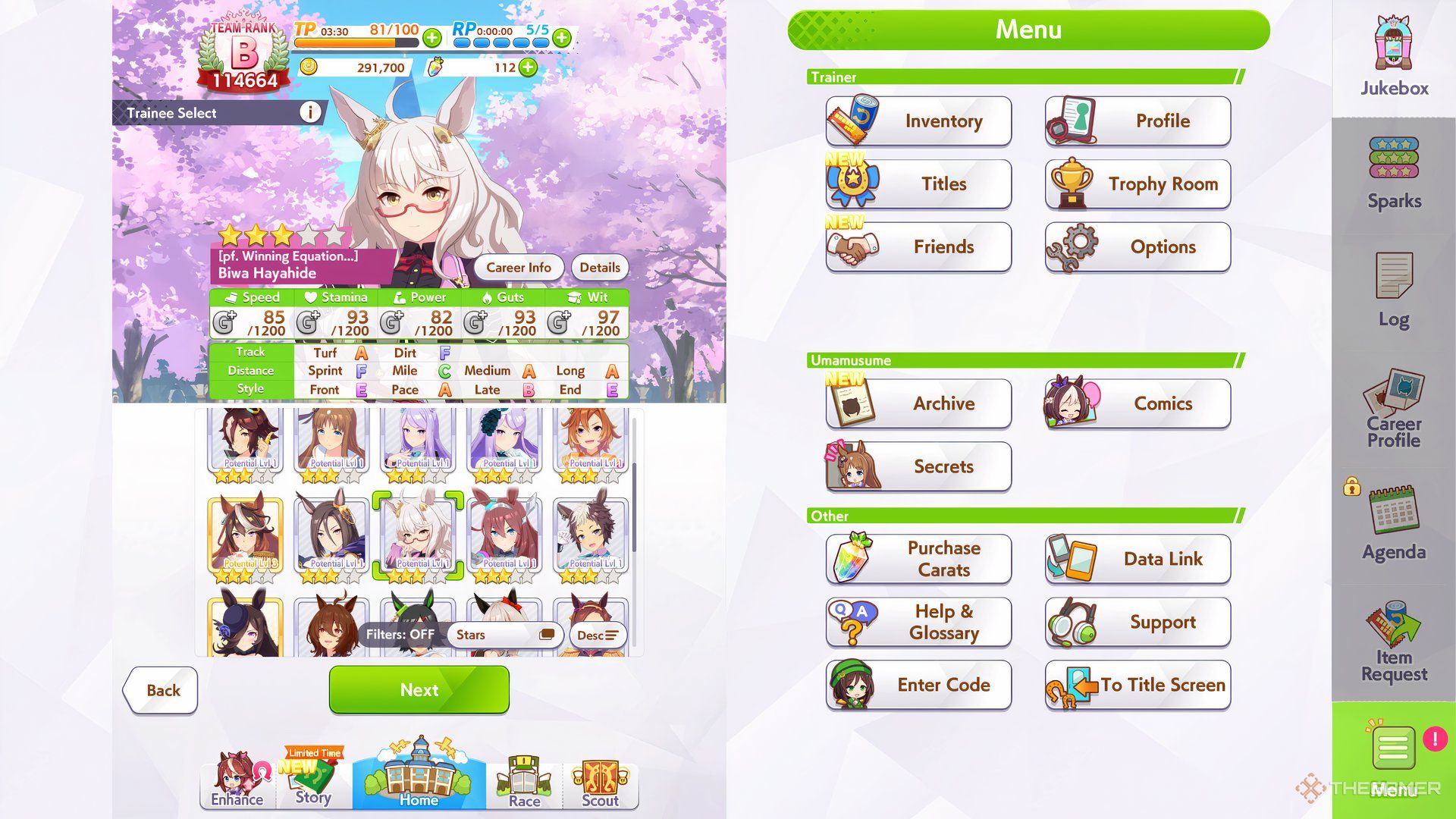 Biwa Hiyahide is shown in character selection in Umamusume Pretty Derby.
