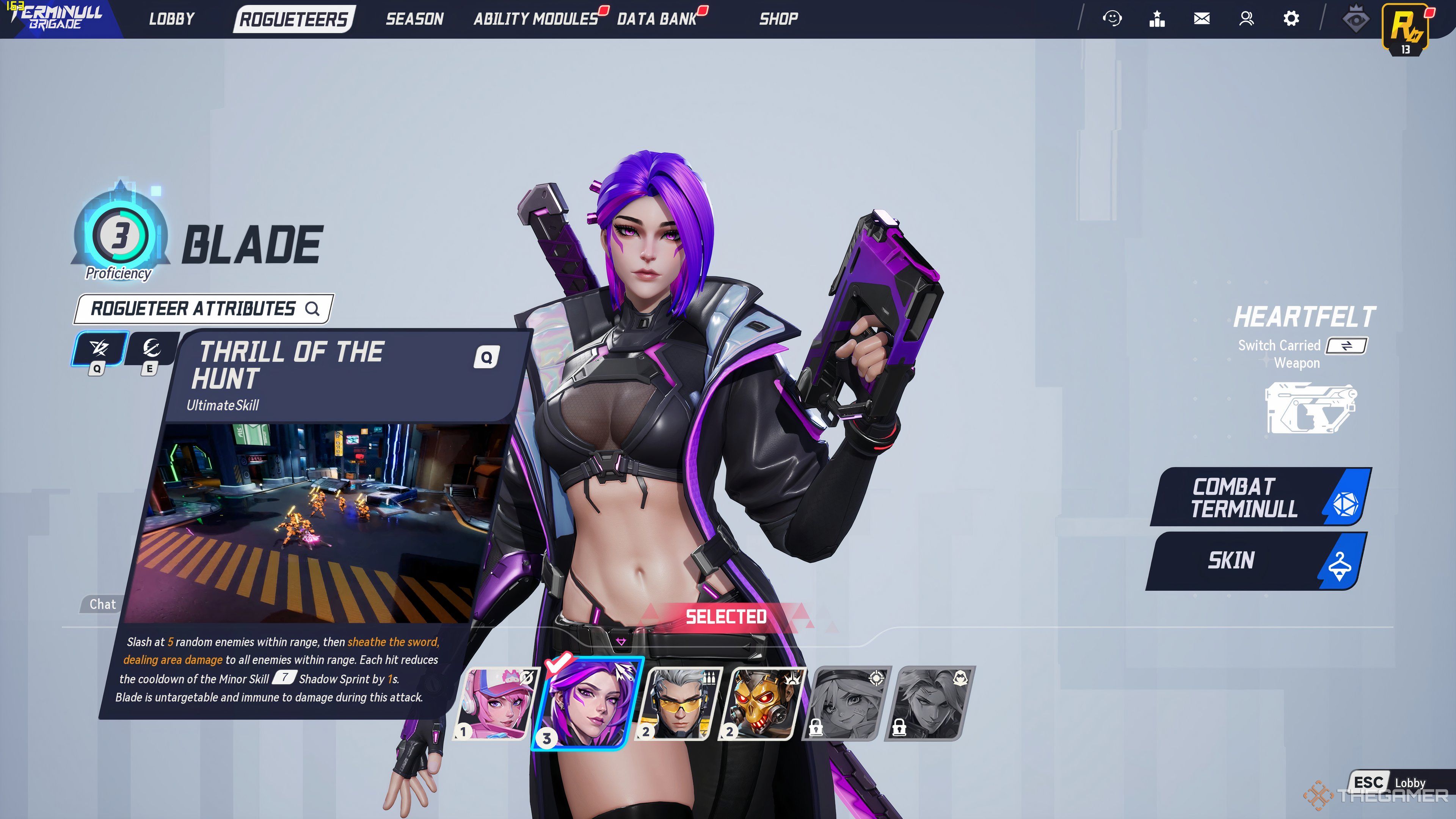 Blade Thrill of the Hunt skill on the Rogueteer selection page in Terminull Brigade.