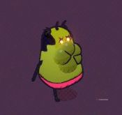 Close up image of a Bile Spitter, a large green humanoid with glowing yellow eyes and a giant puckered mouth, in Guntouchables.