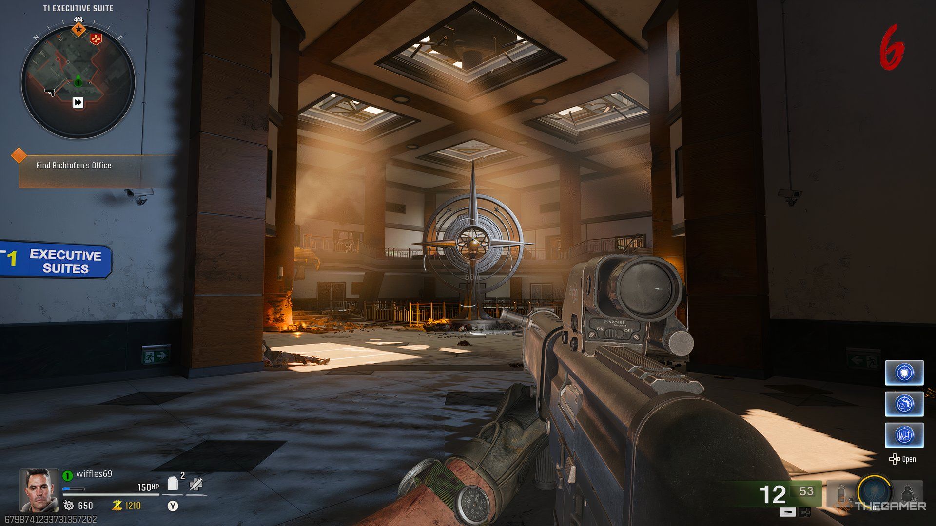 The player looking at a large statue in the middle of the T1 Executive Suite & Director's Office in Call of Duty: Black Ops 6 Zombies.