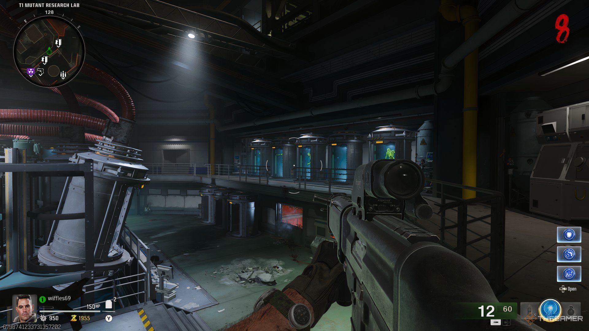 The player in the T1 Research Lab, looking at a few cryochambers in Call of Duty: Black Ops 6 Zombies.