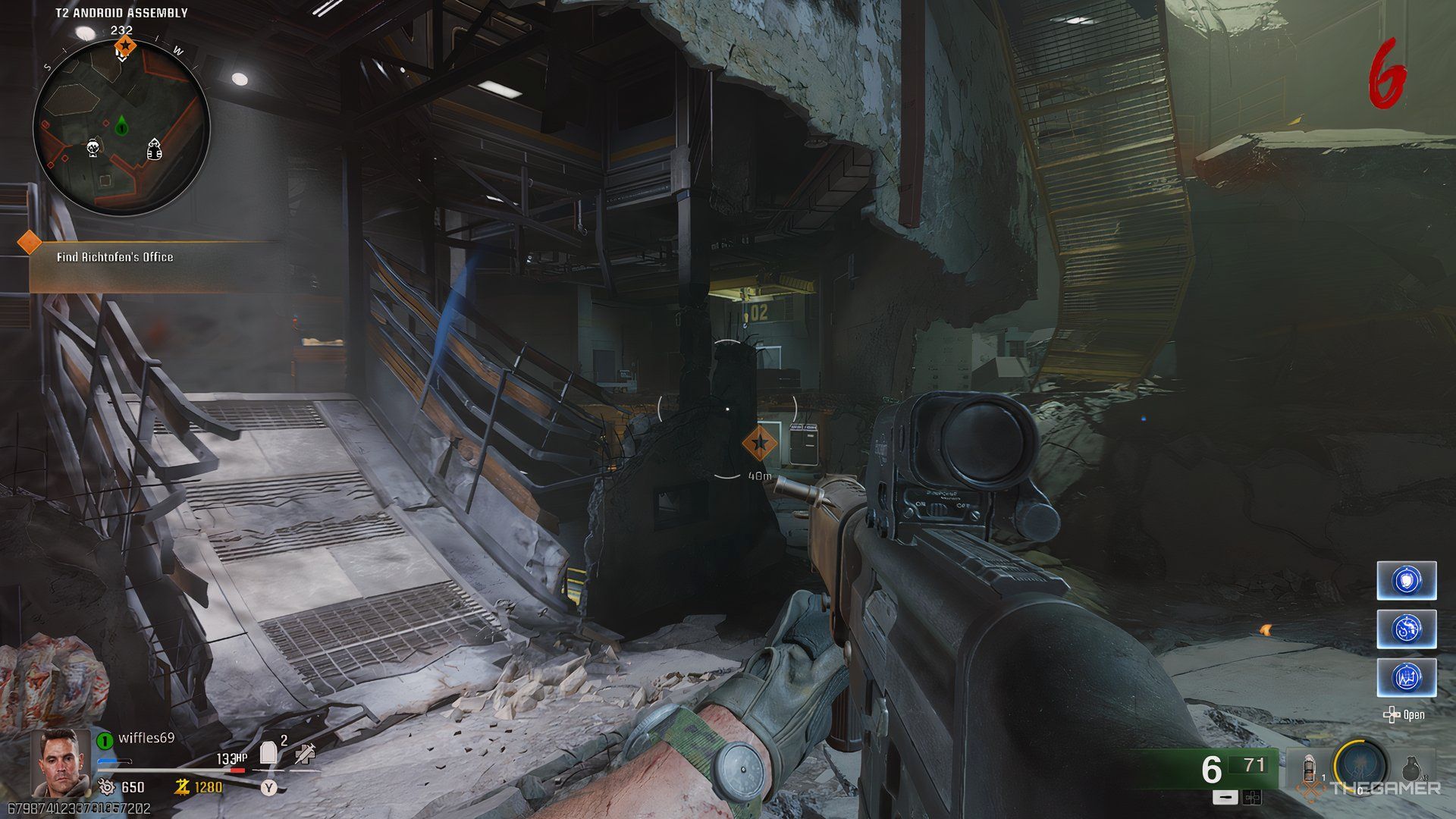 The player looking at a fallen platform in T2 Android Assembly in Call of Duty: Black Ops 6 Zombies.