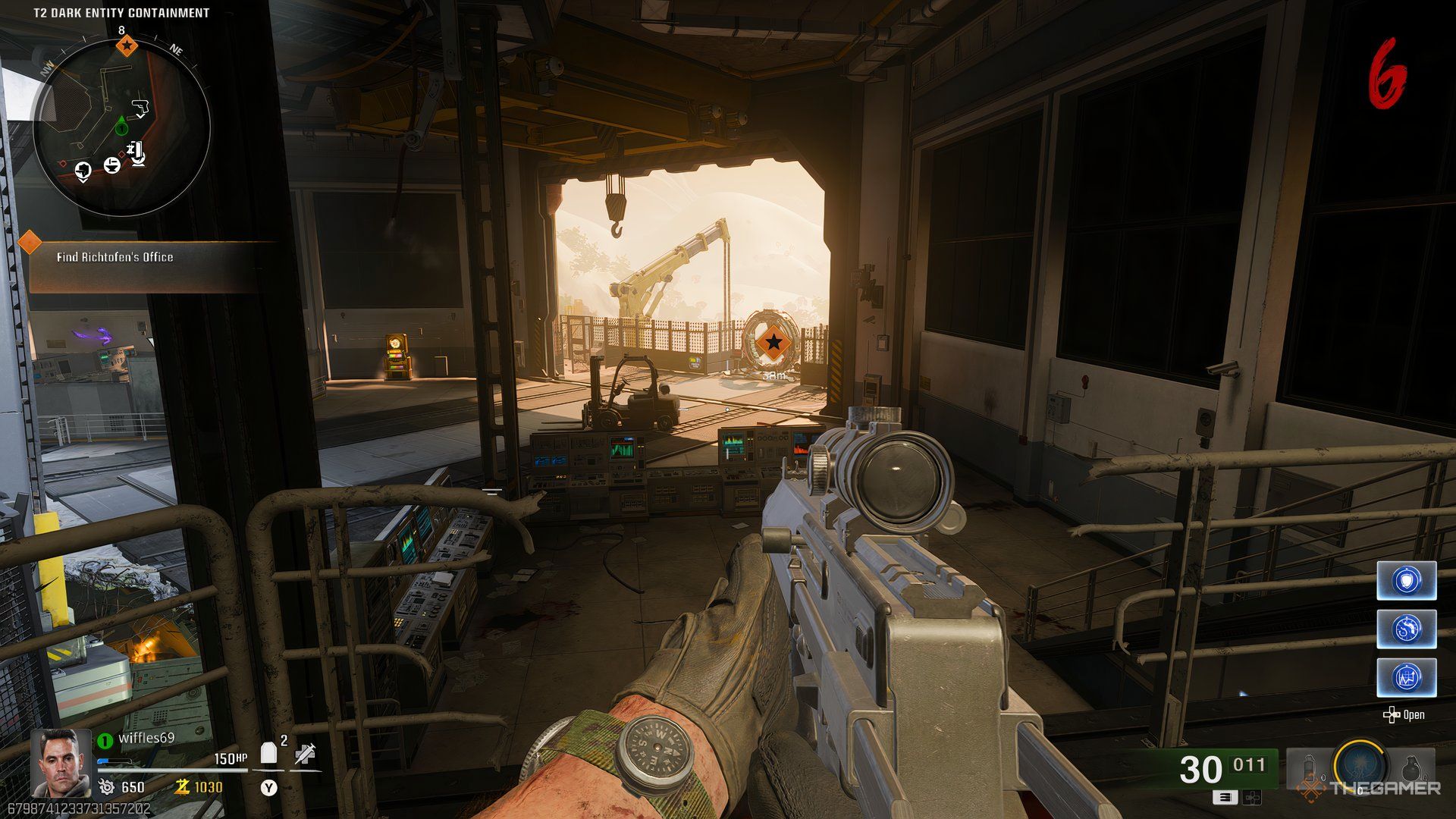 The player looking at an Anti-Grave Personnel Launcher in T2 Dark Entity Containment in Call of Duty: Black Ops 6 Zombies.