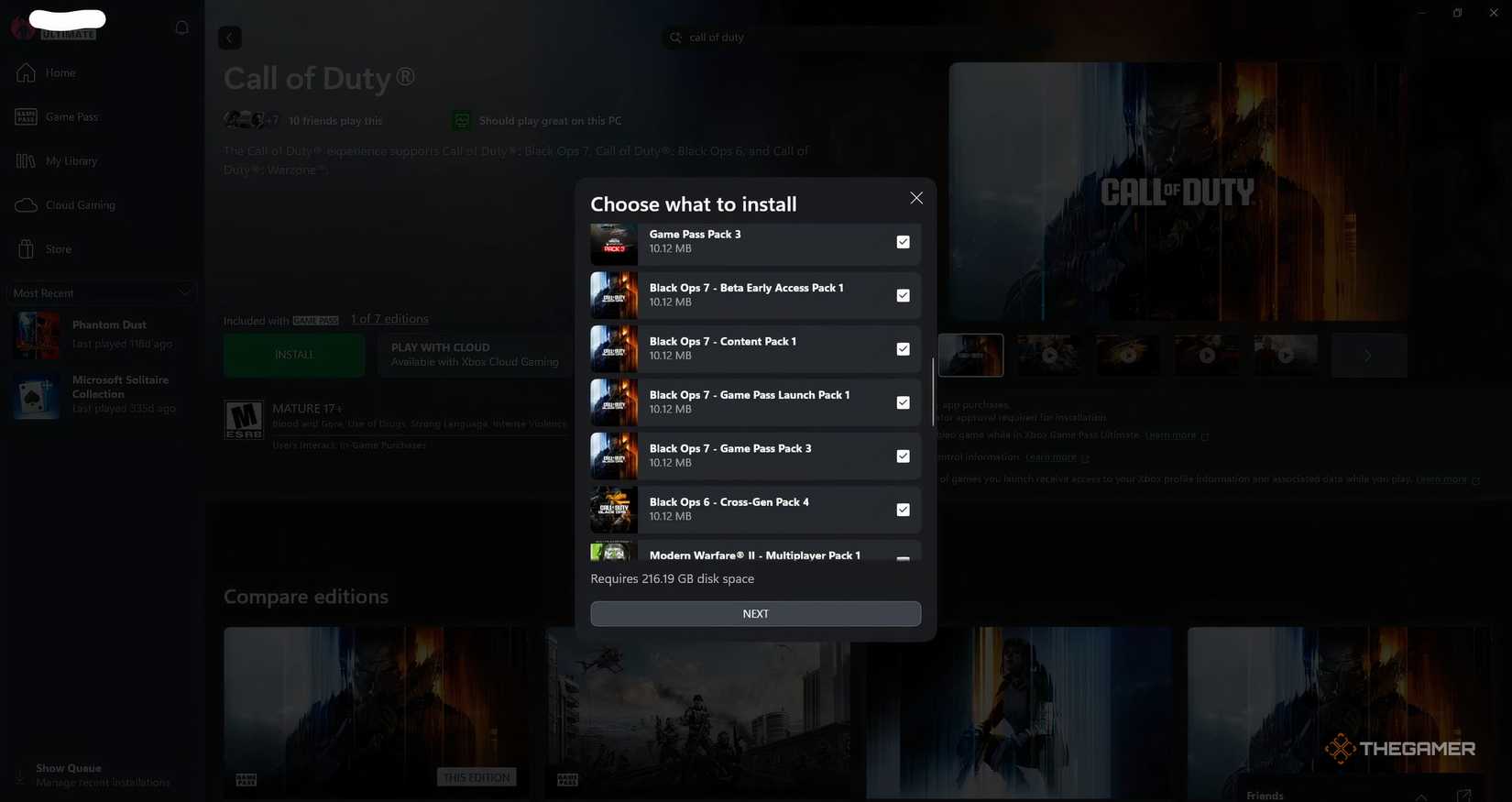The install files of Call of Duty: Black Ops 7 displayed on a list in Game Pass. 
