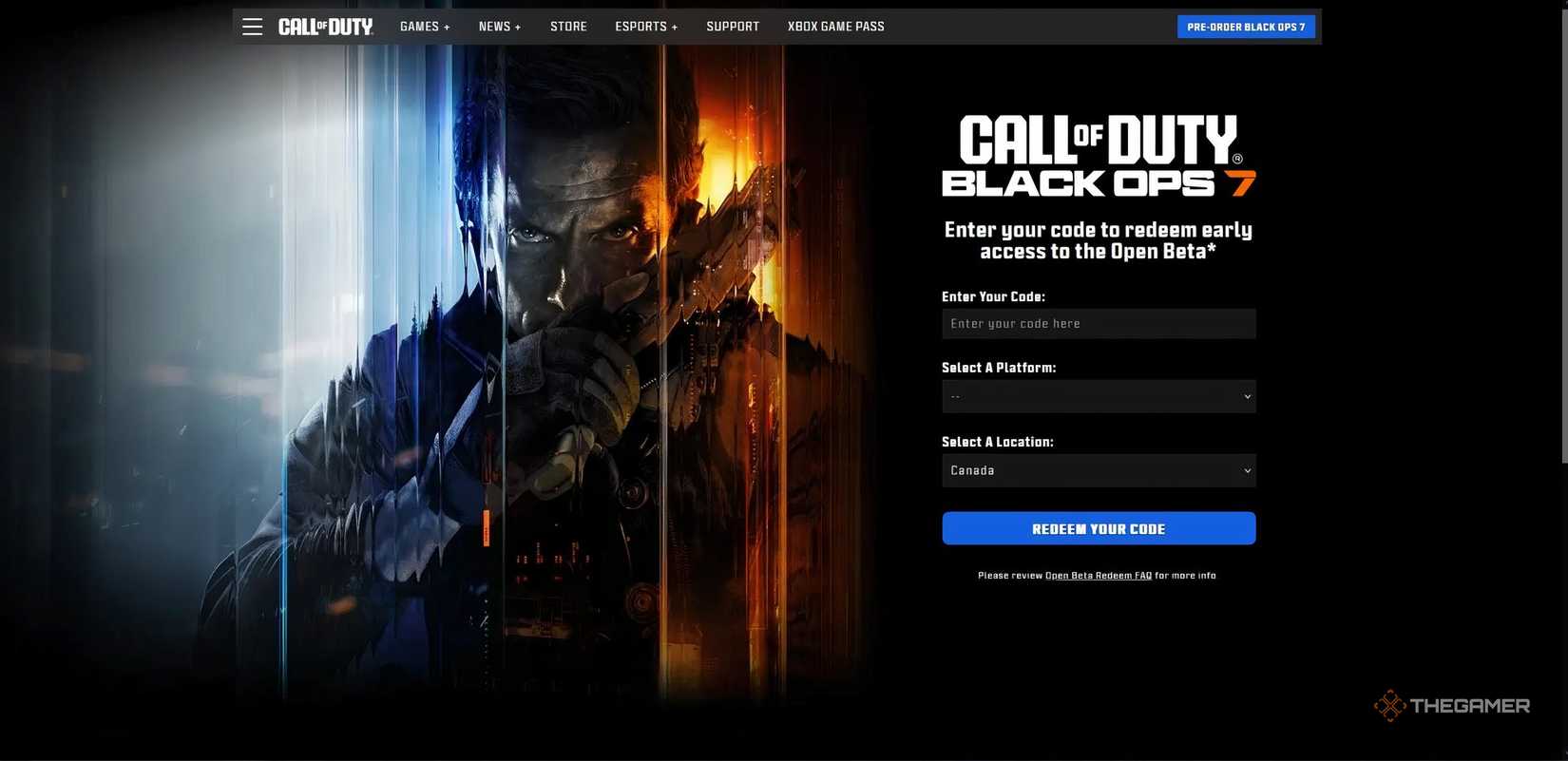 The Call of Duty: Black Ops 7 registration screen showing where to input the code for the early access of the beta. 