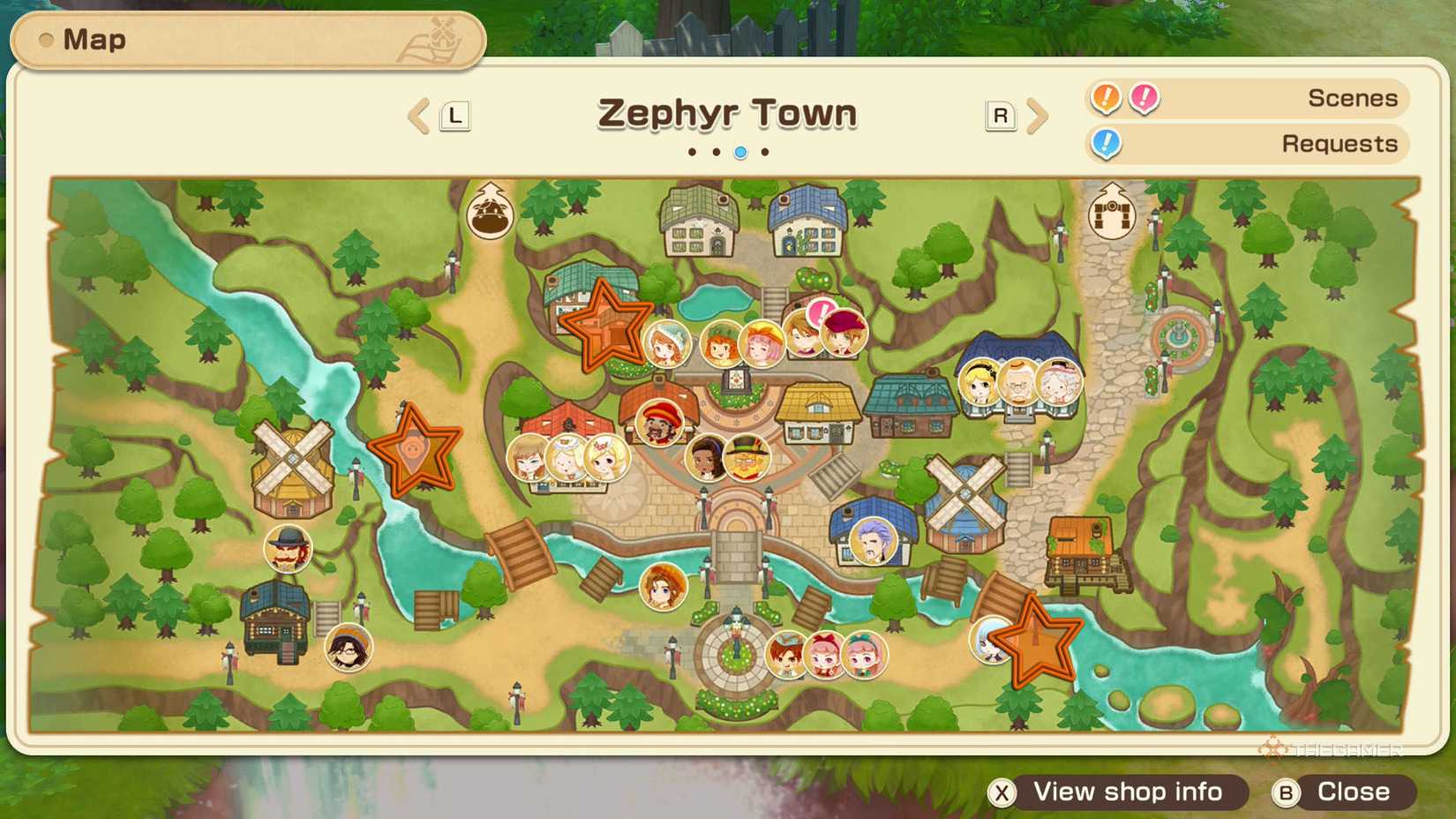 Chicken locations marked on the Zephyr Town map for Story of Seasons Grand Bazaar.
