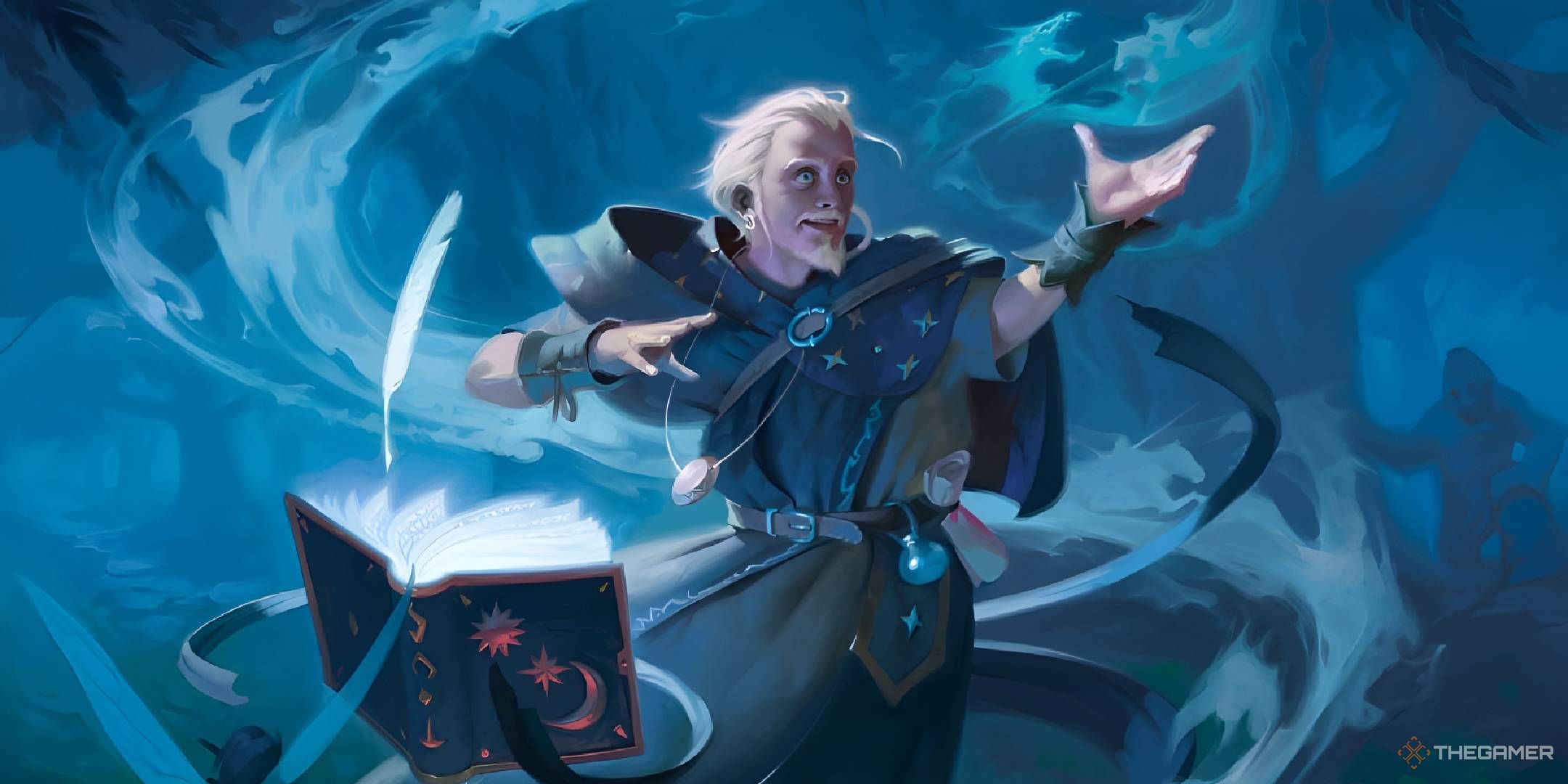 A man with white hair and a goatee casts a spell out of a floating book.