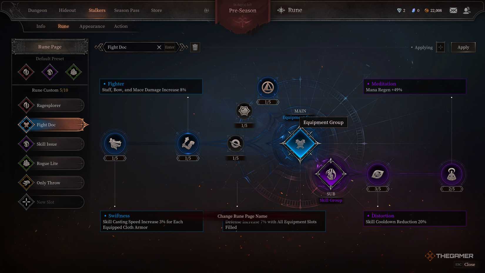 Clad's party rune group with Equipment and Skill. 