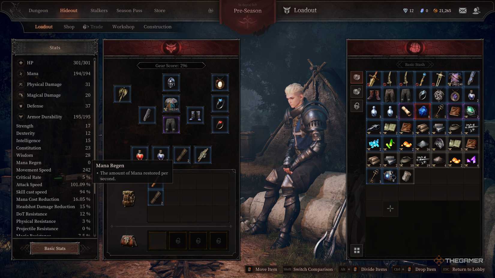 Clad sitting at camp with his detailed stat screen on the left.