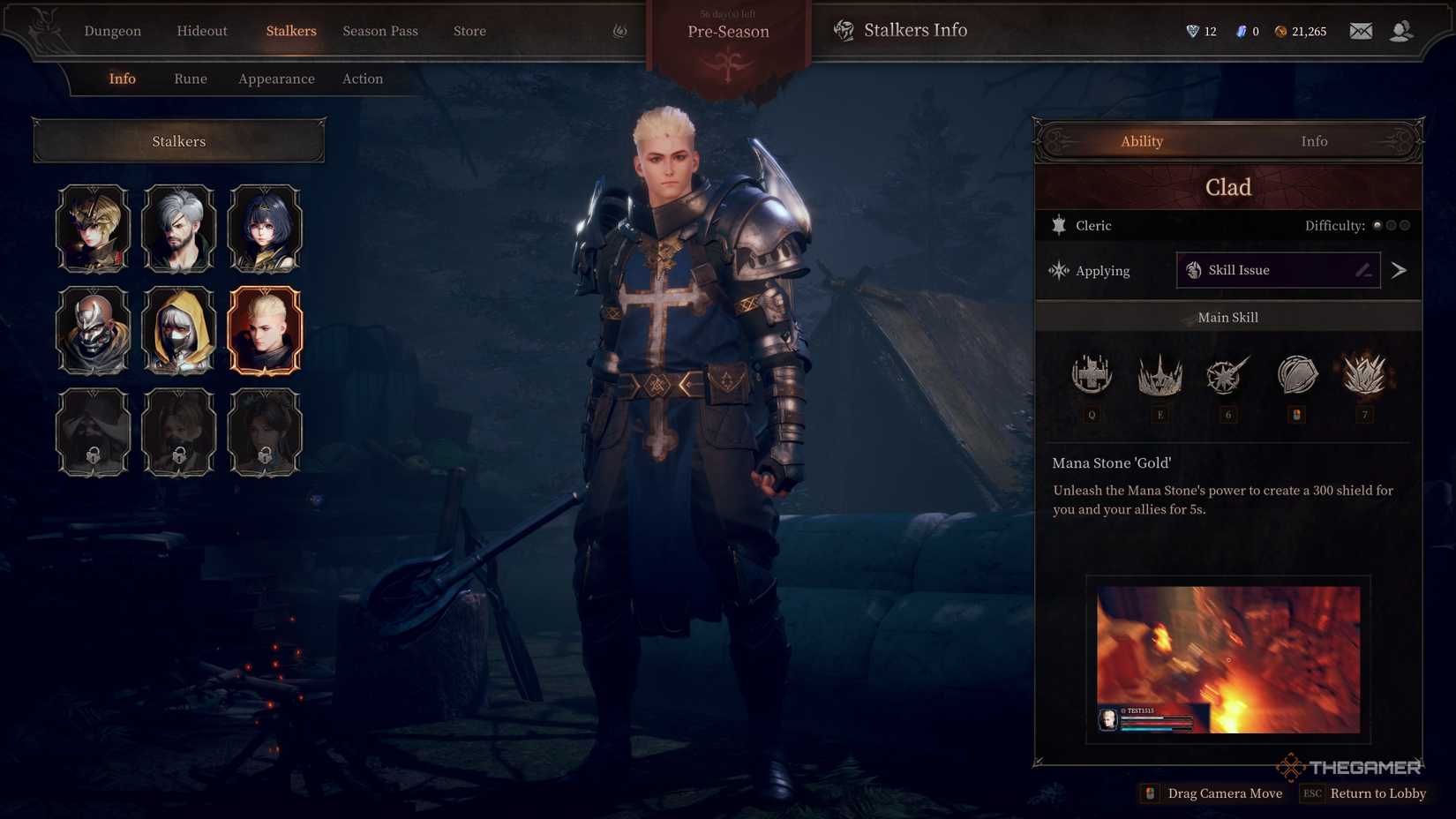 Clad the cleric Stalker Screen with Ultimate Skill window on the right.