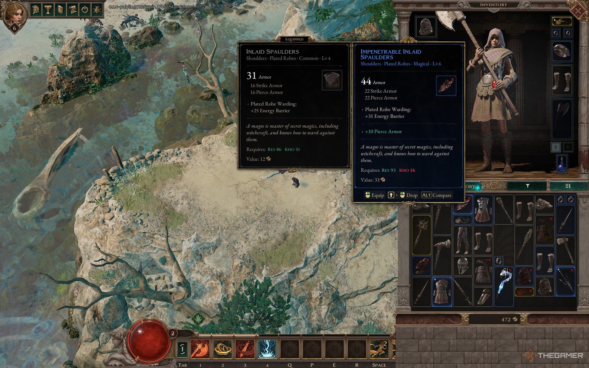 Comparing a blue and gray rarity item in Titan Quest 2.