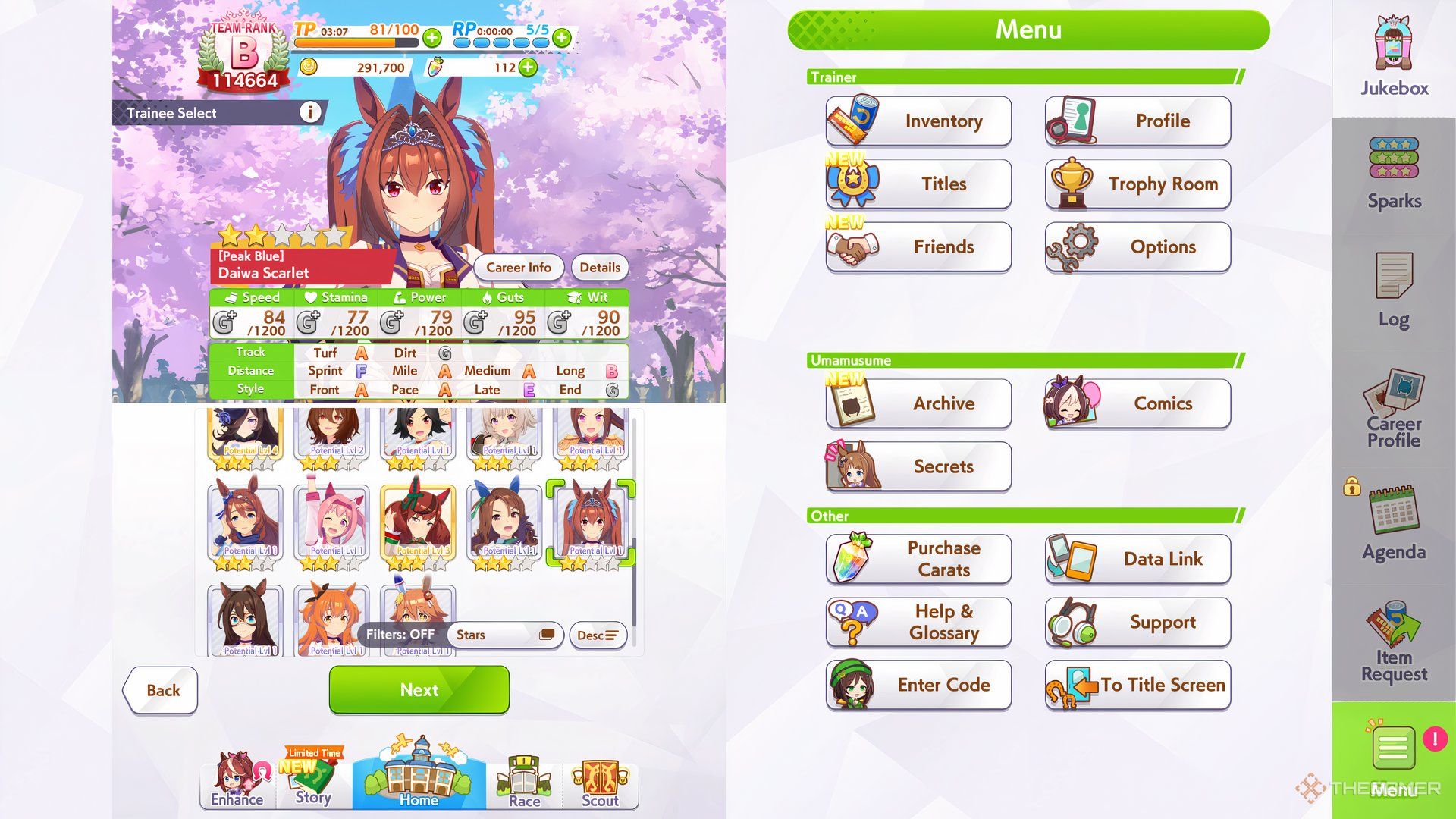 Daiwa Scarlet is shown in character selection in Umamusume Pretty Derby.