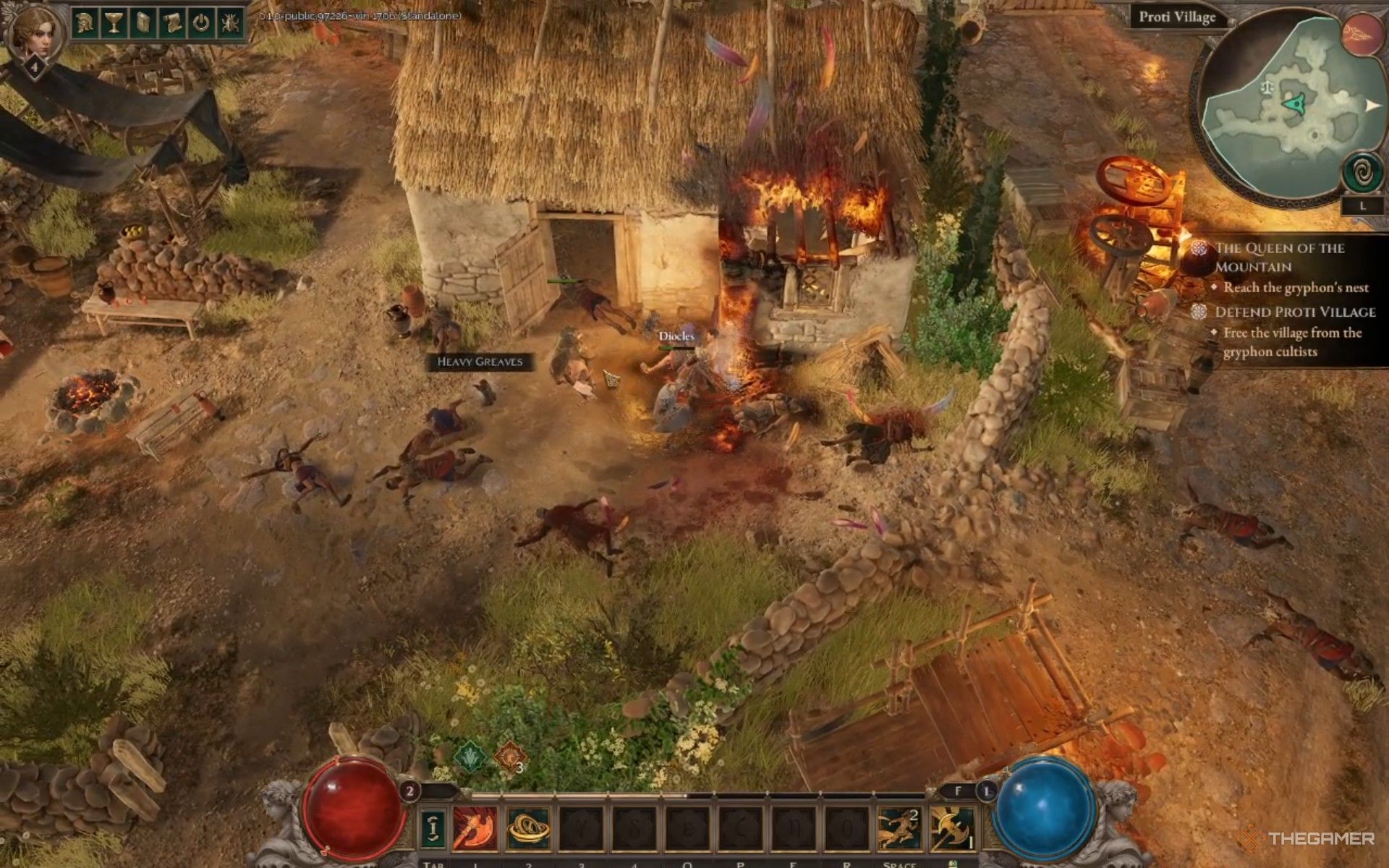 Defending a townsperson in Proti Village in Titan Quest 2.