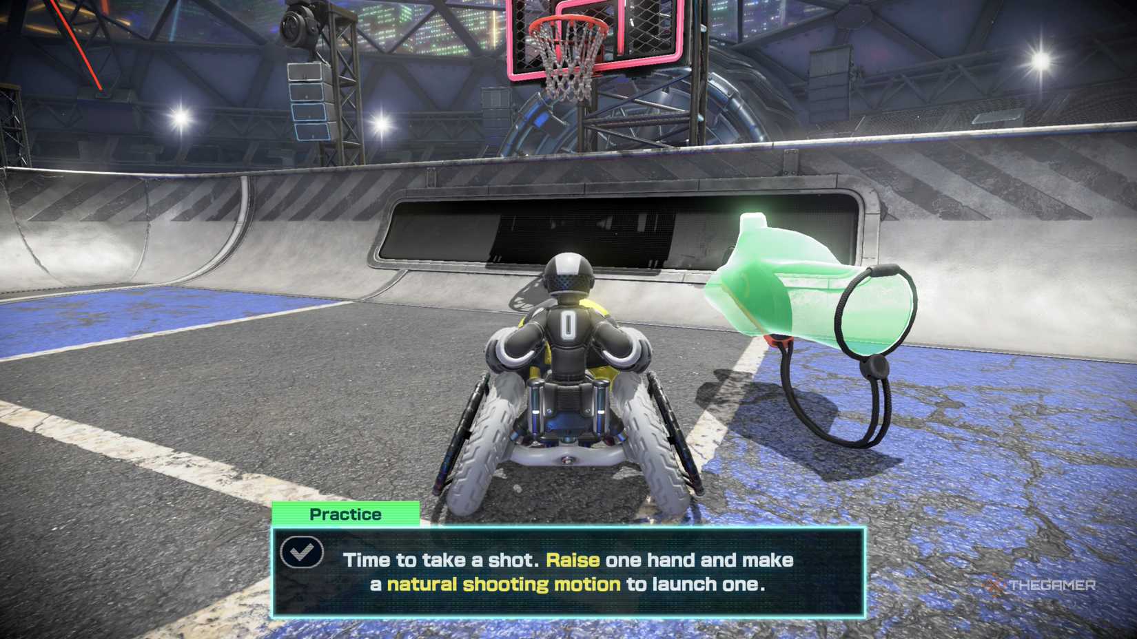 The player learning how to throw the ball during the tutorial of Drag x Drive.