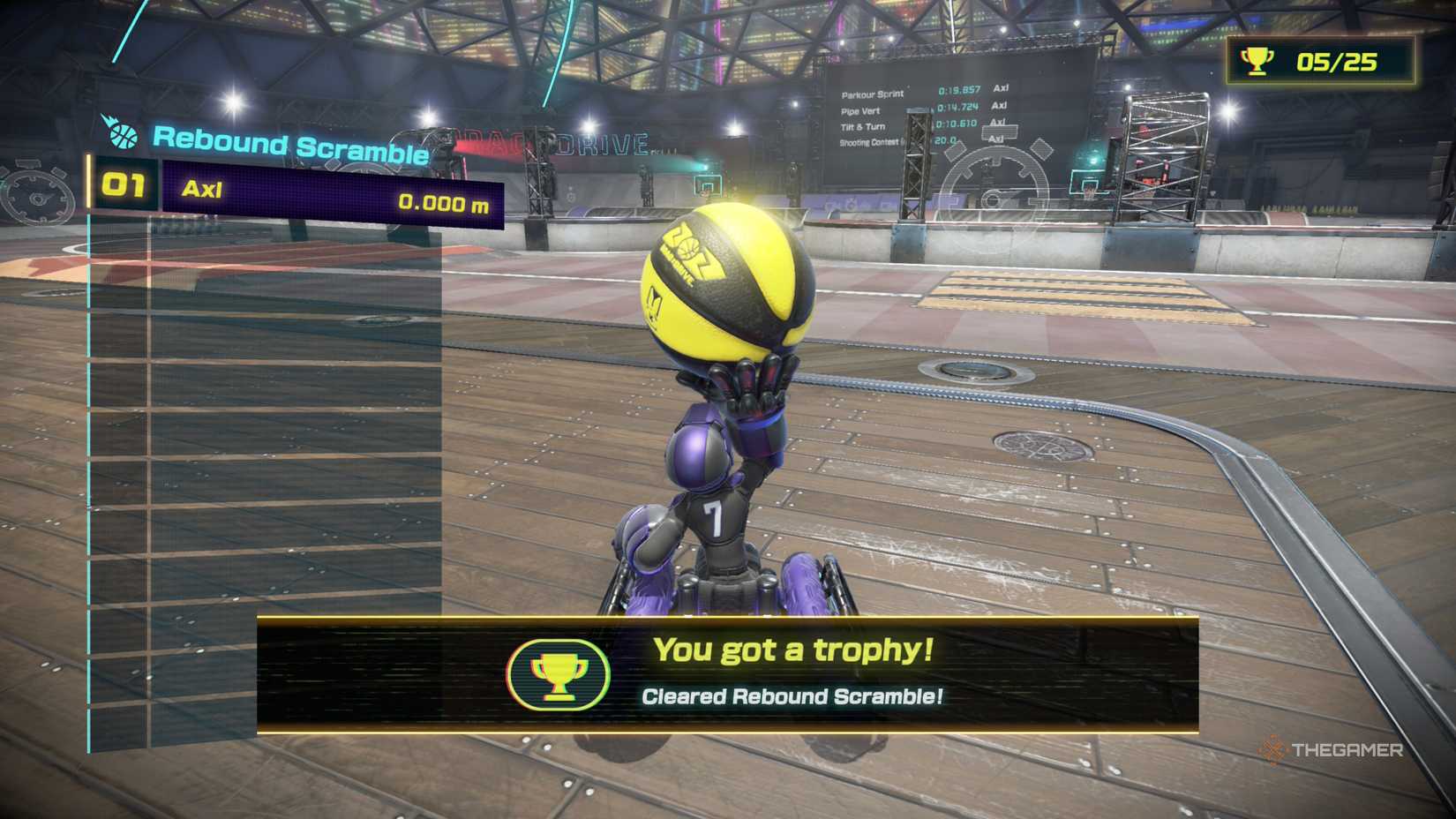 The player earning a trophy in Rebound Scramble in Drag x Drive.