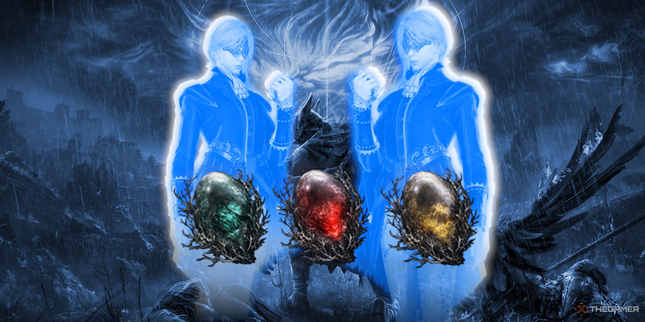 Duchess and Duchess colorized blue with three relics in front of them.