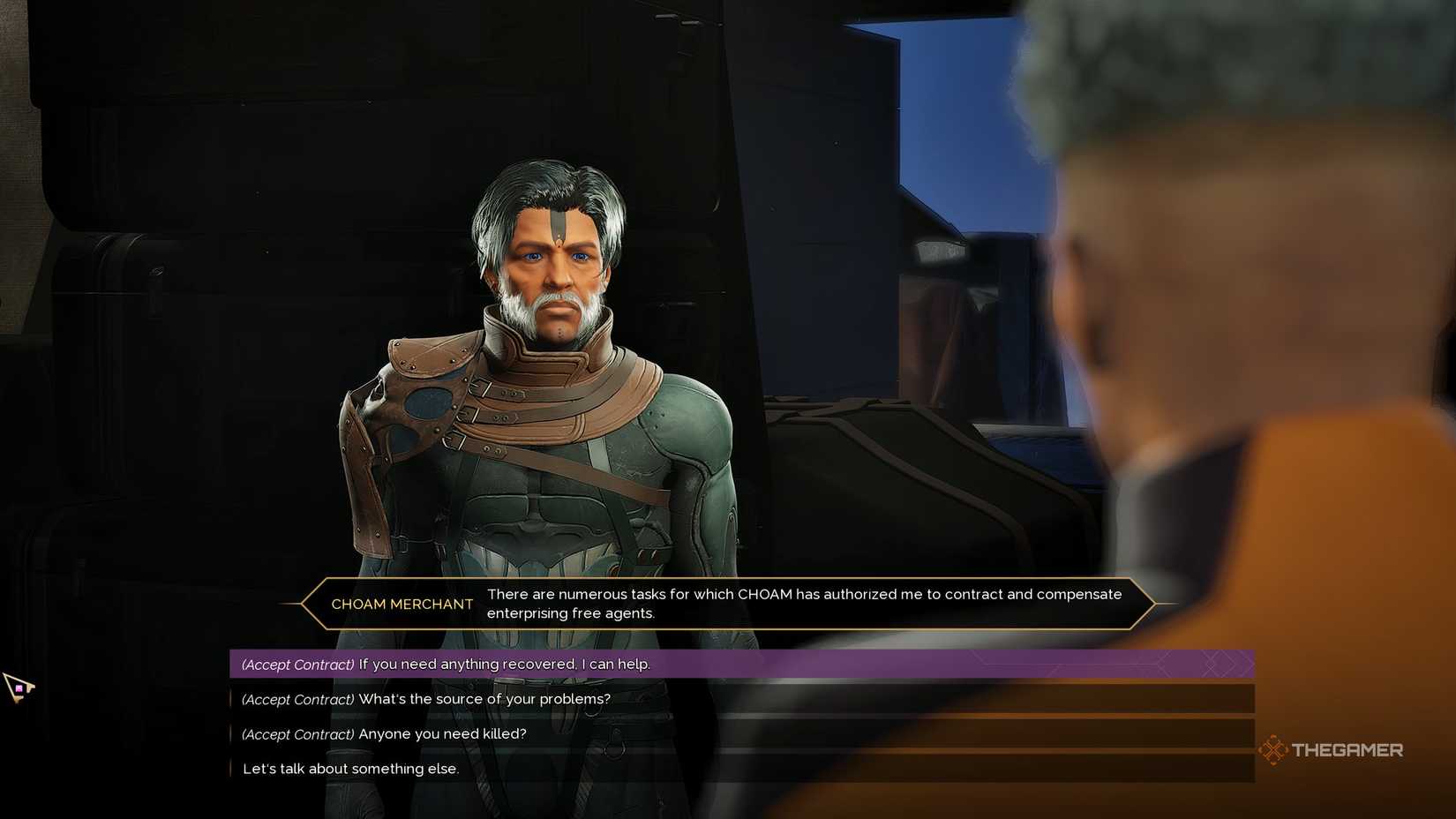 The player in Dune: Awakening talking to the CHOAM Merchant with the contracts listed below. 