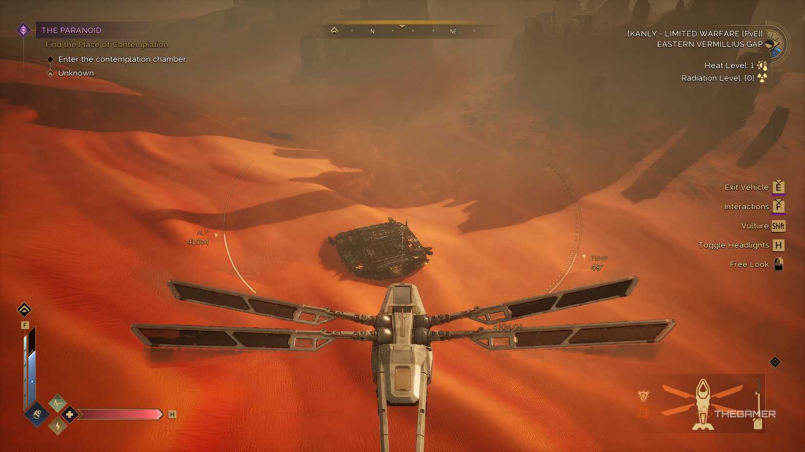 The player flying over a freighter in Dune: Awakening. 