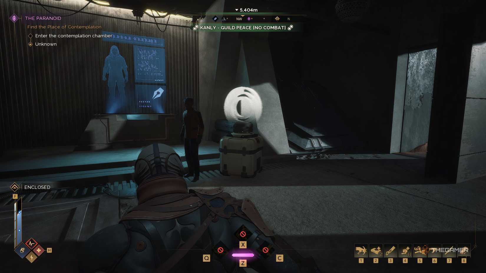 The player in a tradepost looking at the CHOAM Merchant in Dune: Awakening. The contracts vendor is behind the NPC.