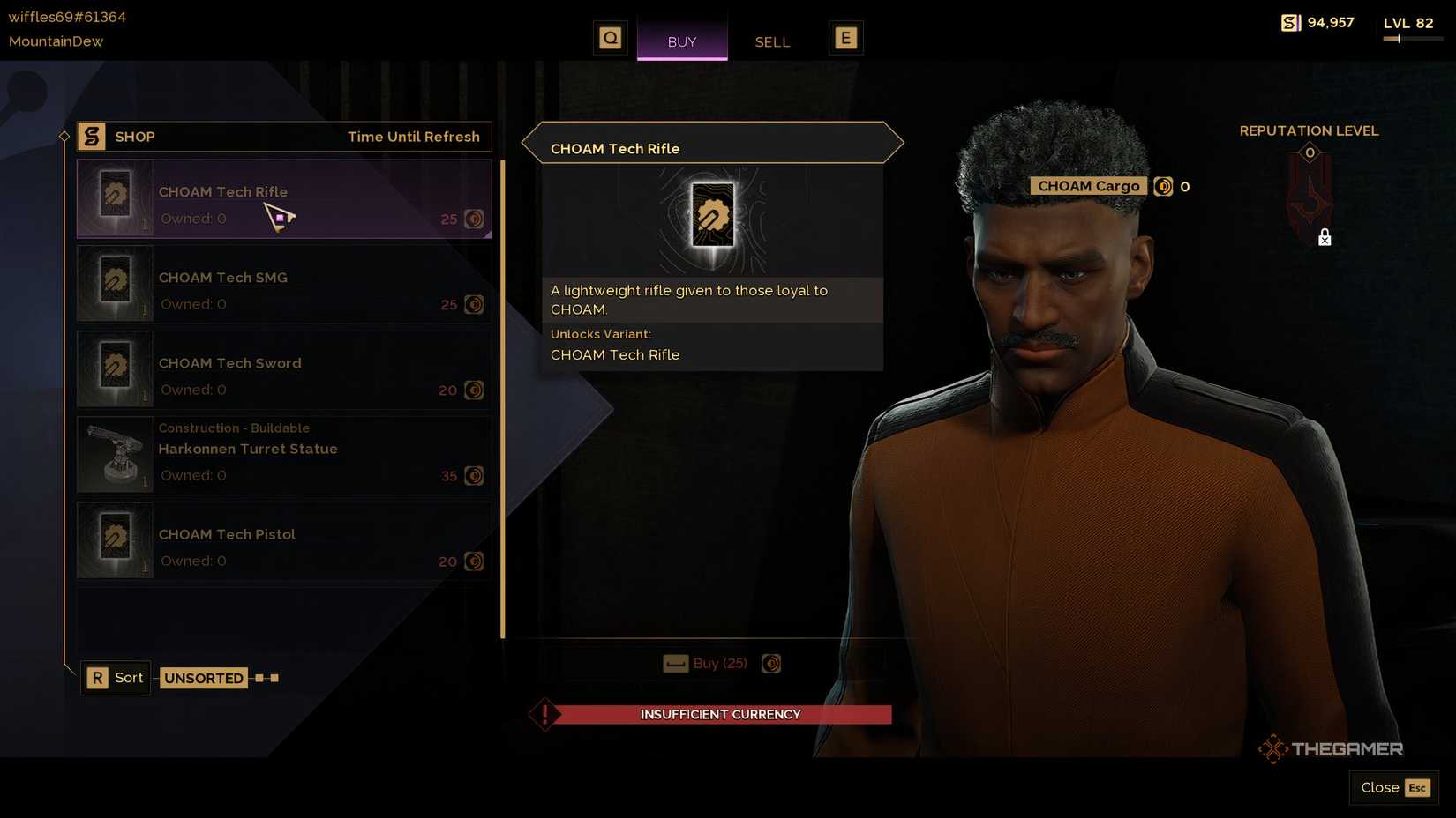 The merchant's shop showing all the rewards with their prices listed in Dune: Awakening. On the right is the CHOAM Merchant. 