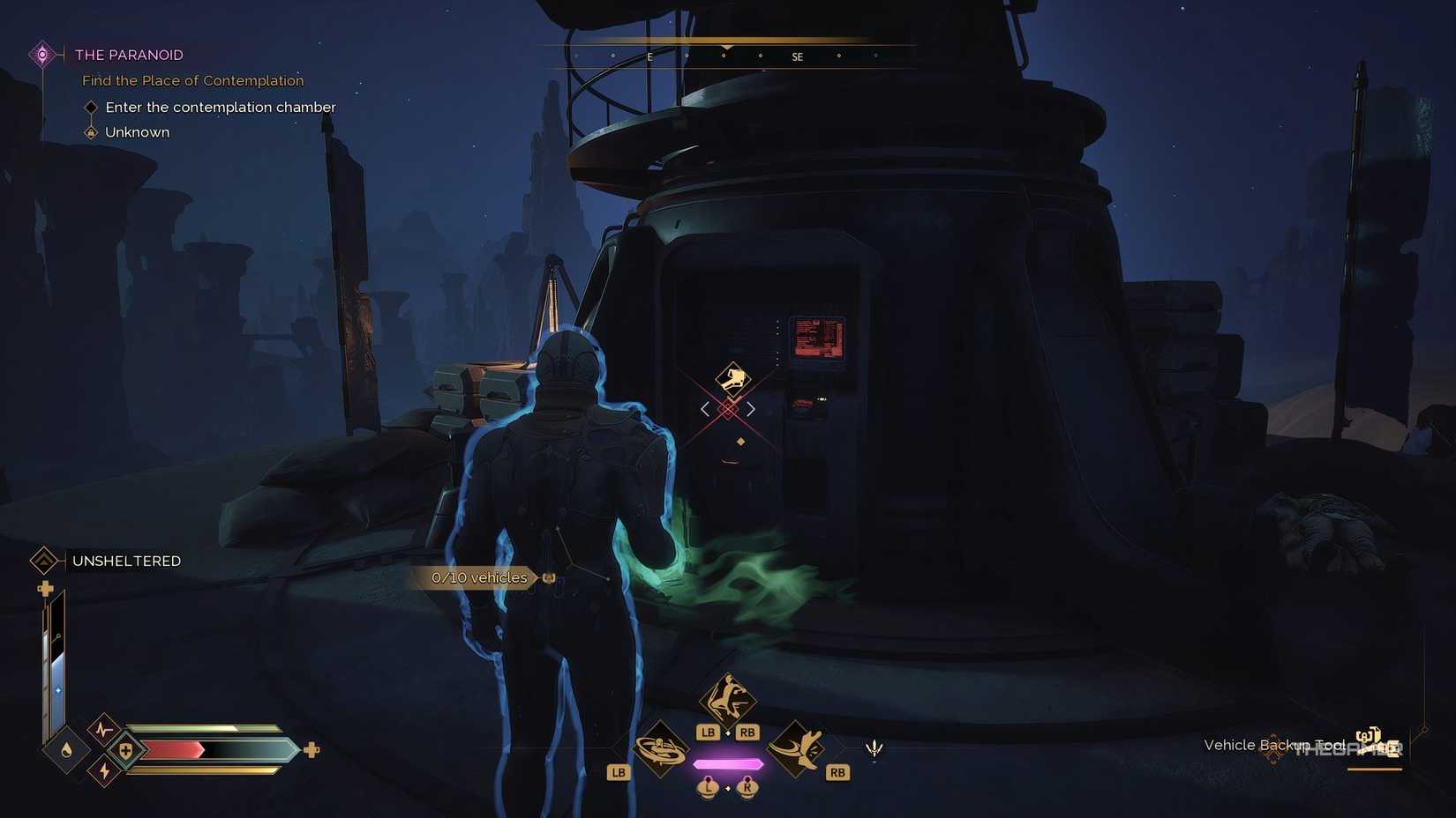 The player interacting with a turret's base in Dune: Awakening. 