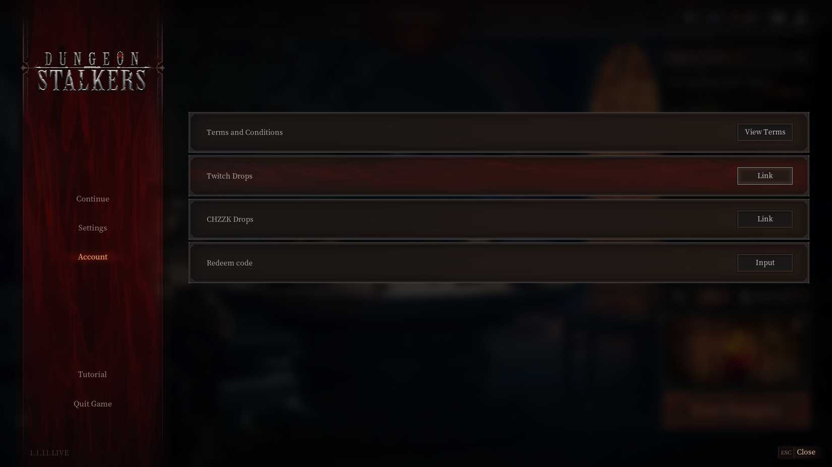 Dungeon Stalkers Account Link page in-game menu with Twitch Drops selected.
