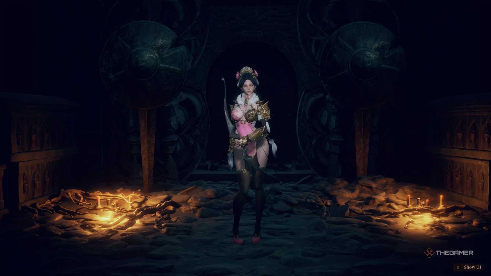 Dungeon Stalkers Lian dressed in pink lotus flowers in a dark dungeon.