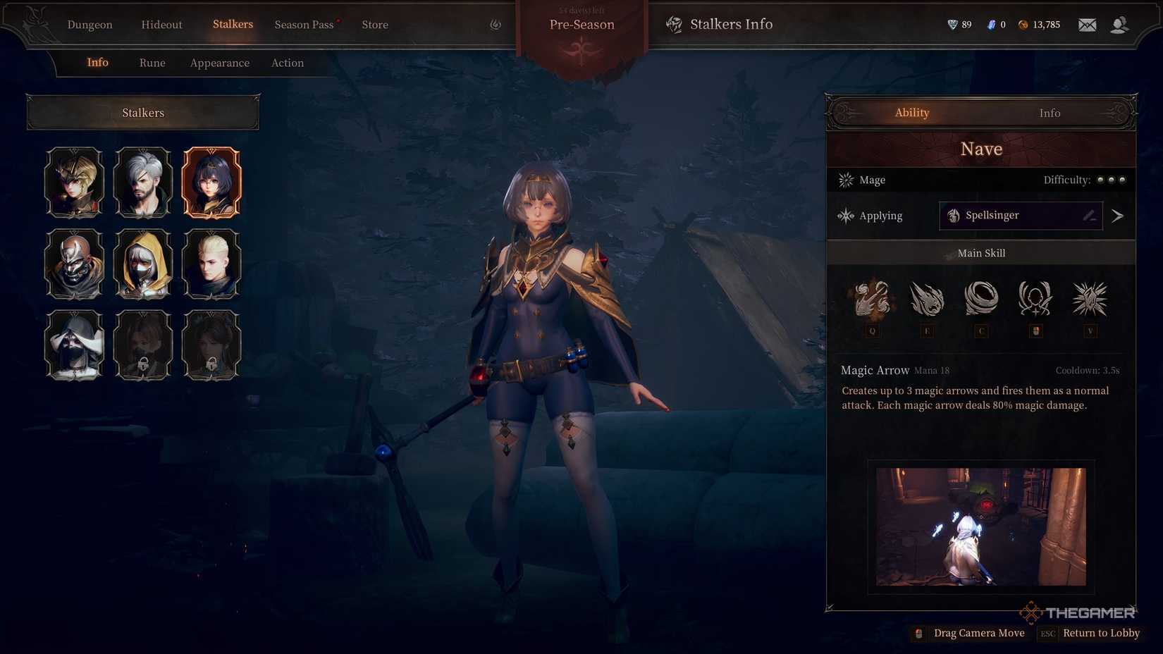 Dungeon Stalkers Nave at camp with her skills listed off to the right.