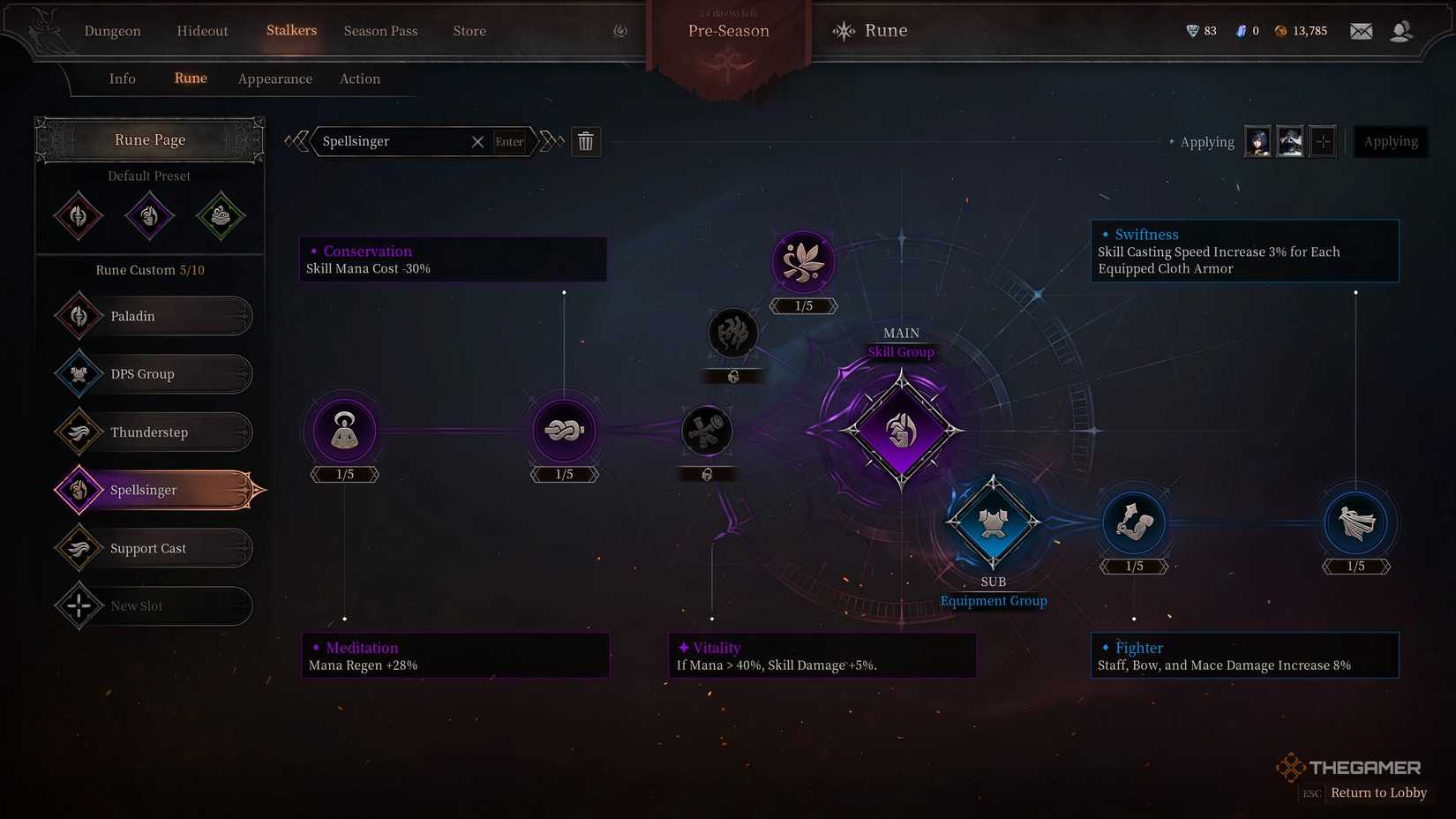 Dungeon Stalkers Rene's Rune setup with purple and blue runes activated.