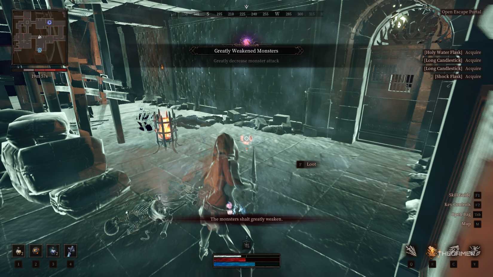 Rio in ruined armor in a shaking dungeon as a green mist curse takes hold.
