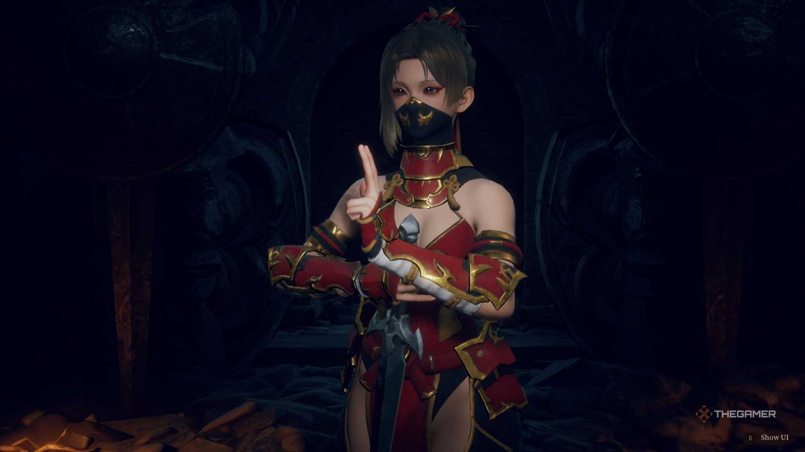Dungeon Stalkers Shinobu posing to the side with her weapons.