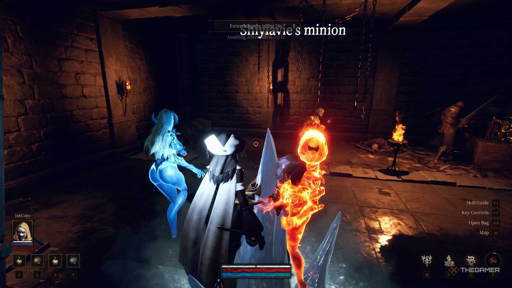 Dungeon Stalkers Waiting to enter a dungeon with Rene and her frost and flame elementals.