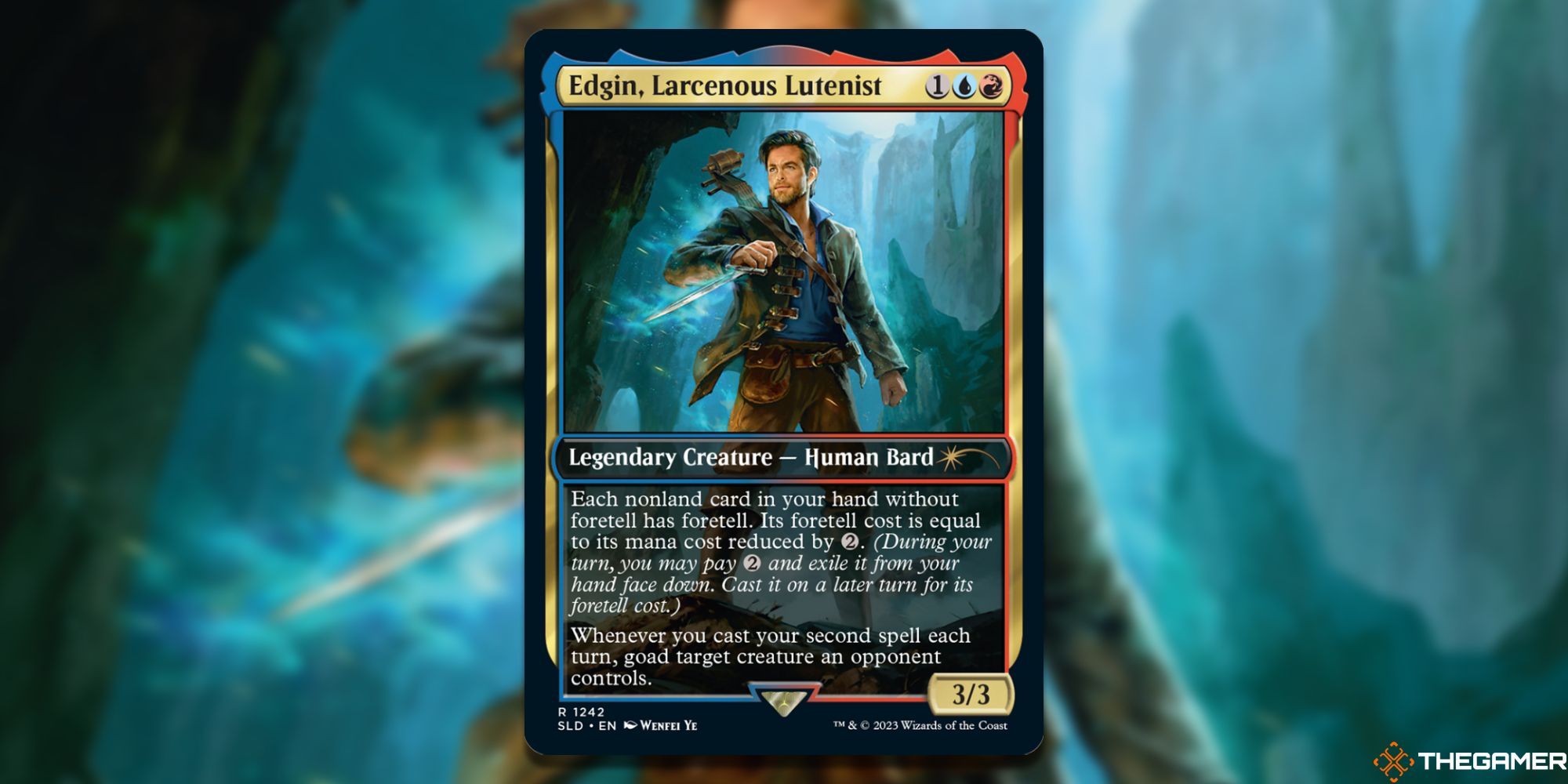Image of the Edgin, Larcenous Lutenist card in Magic: The Gathering, with art by Wenfei Ye.