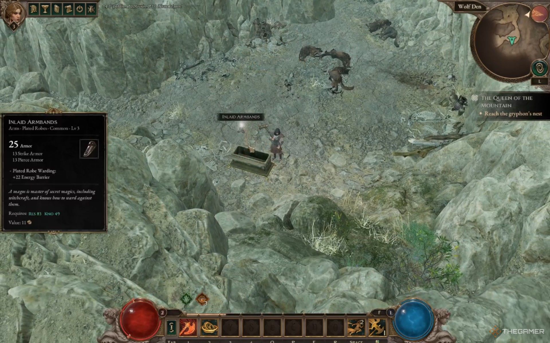Finding Inlaid Armbands at the end of a side road in Titan Quest 2 after slaying monsters.