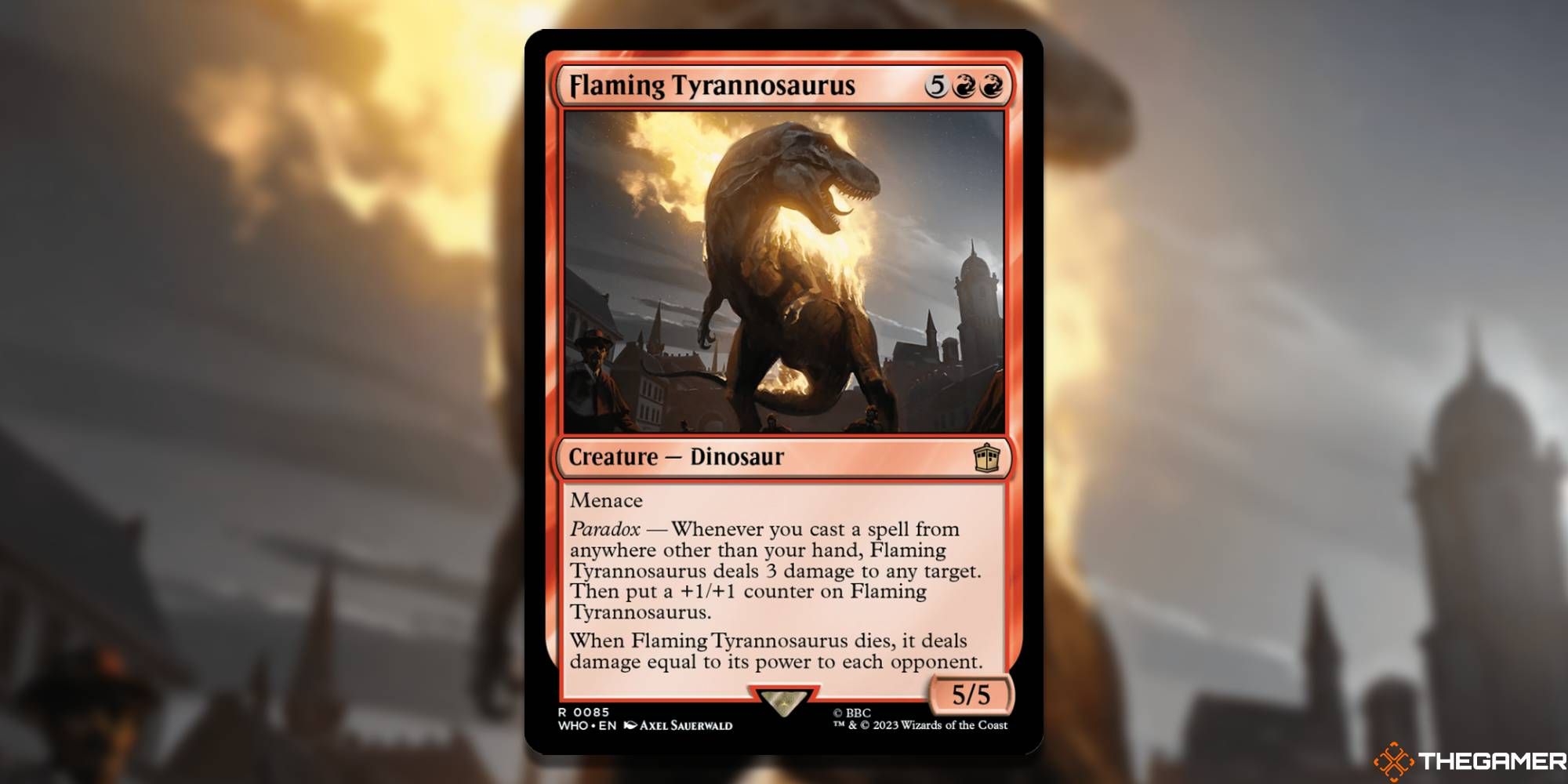 The Flaming Tyrannosaurus card, from Magic: The Gathering's Doctor Who set.