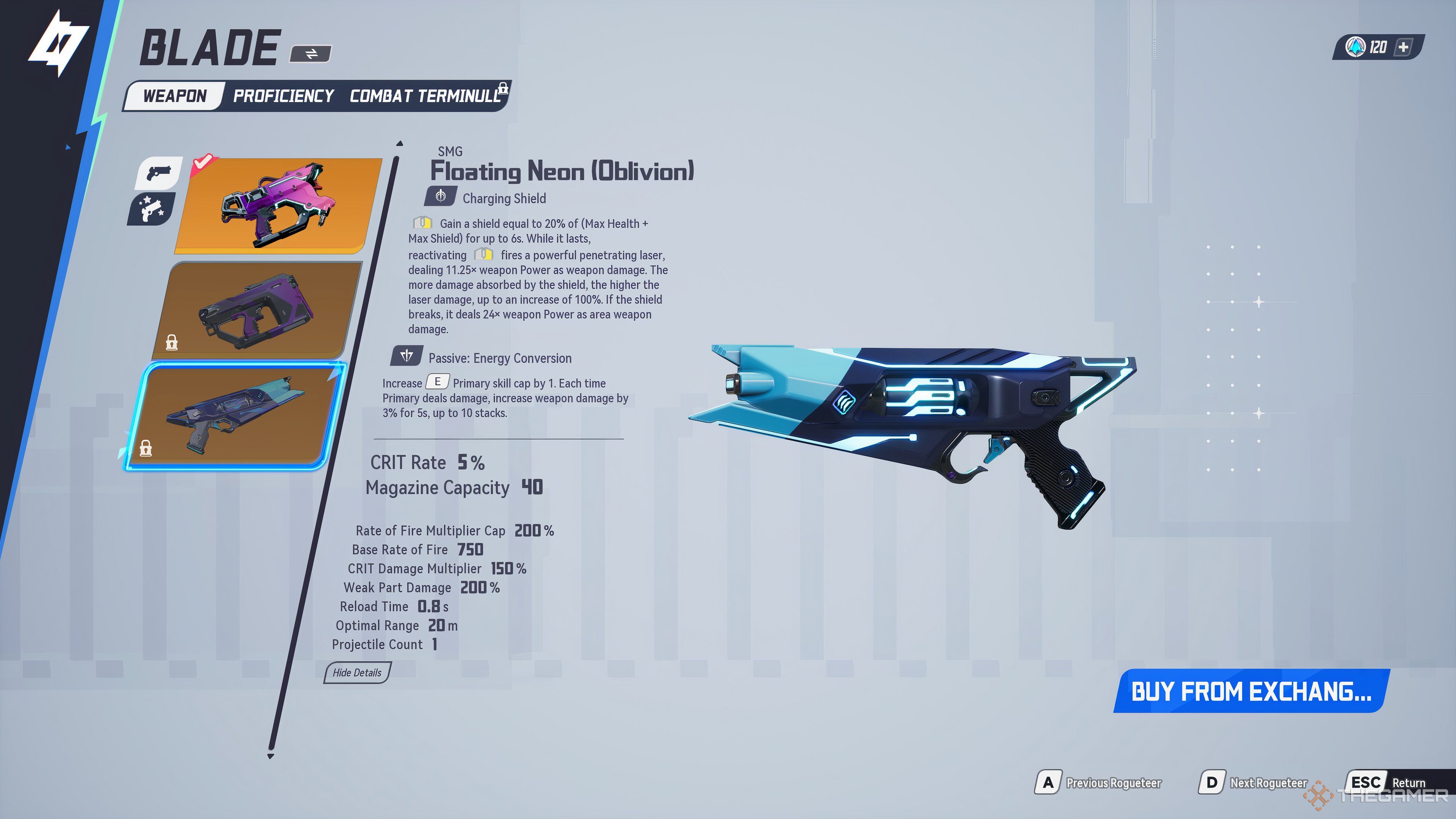 Floating Neon SMG weapon for Blade in Terminull Brigade.