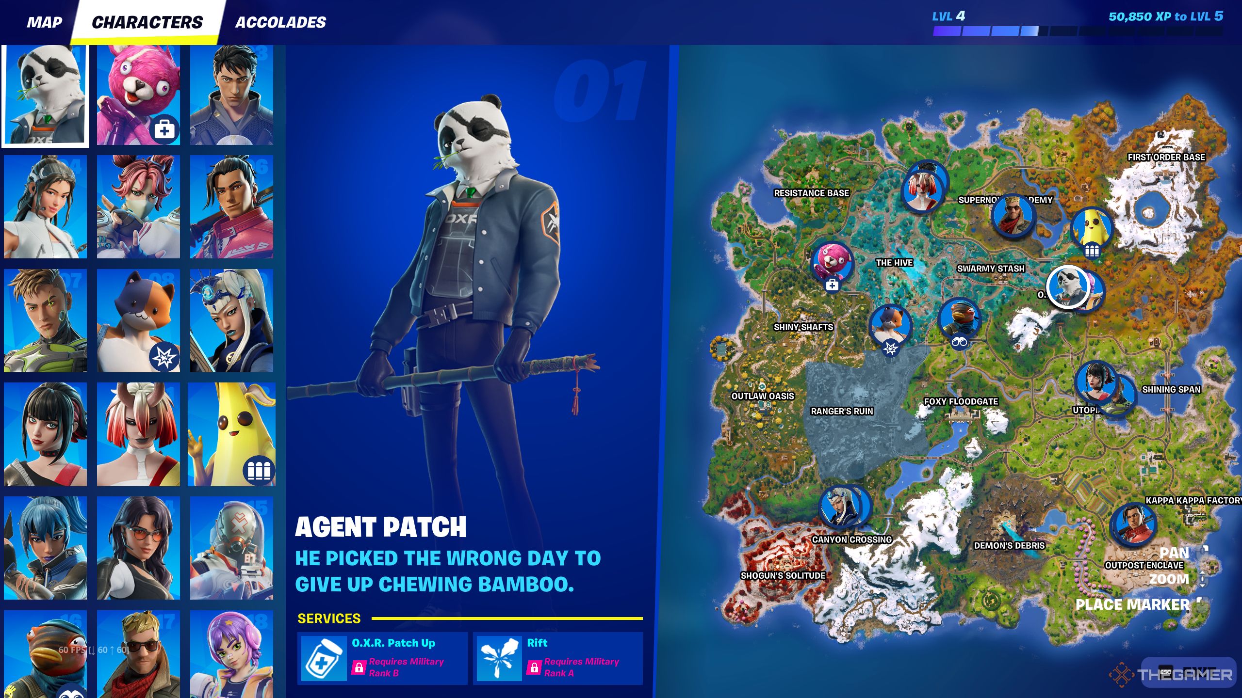 The Characters tab in the Collections menu, showing where every NPC can be found in Fortnite: Chapter 6, Season 4.